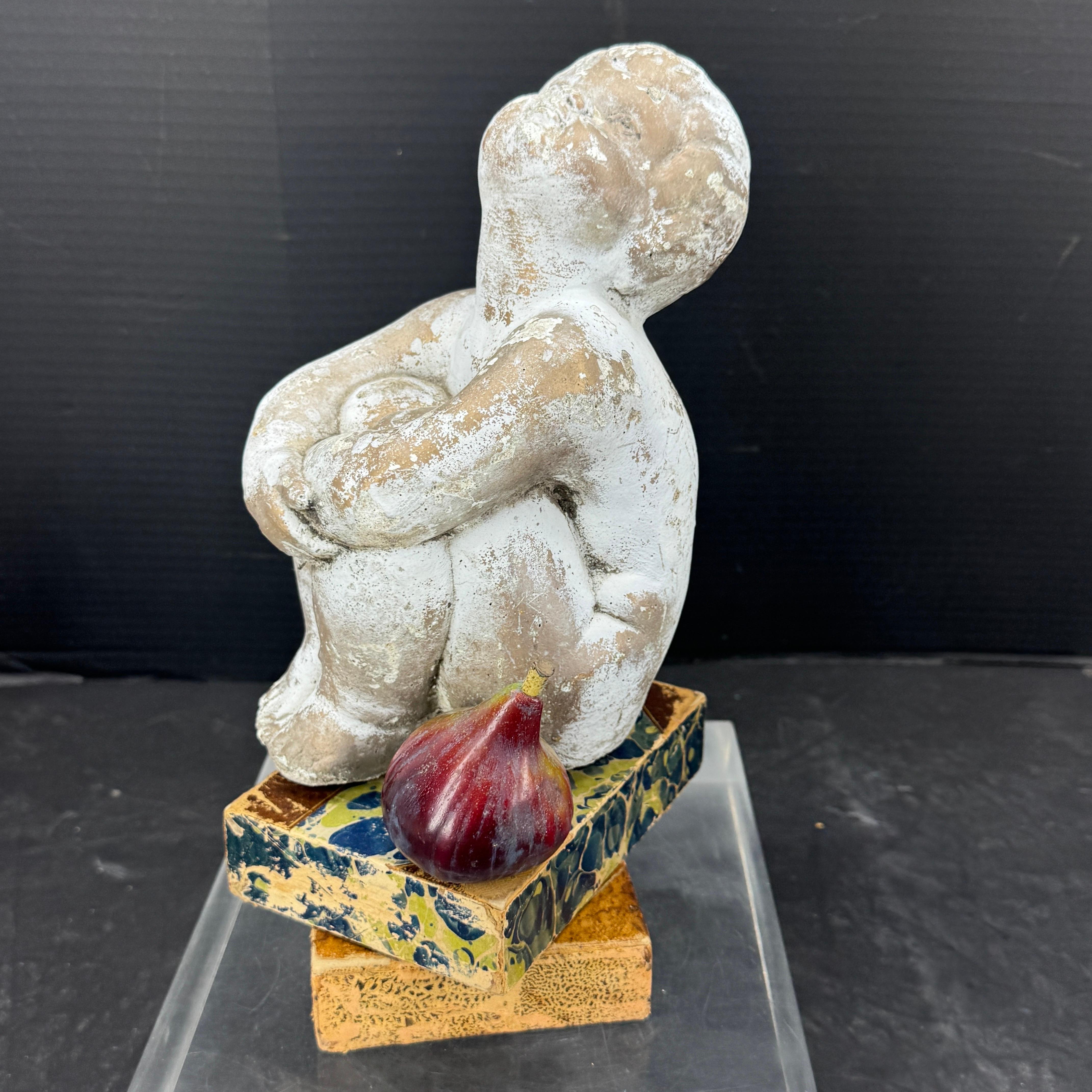 Romantic Vintage Concrete Statue of Girl Holding Knees Garden Ornament For Sale