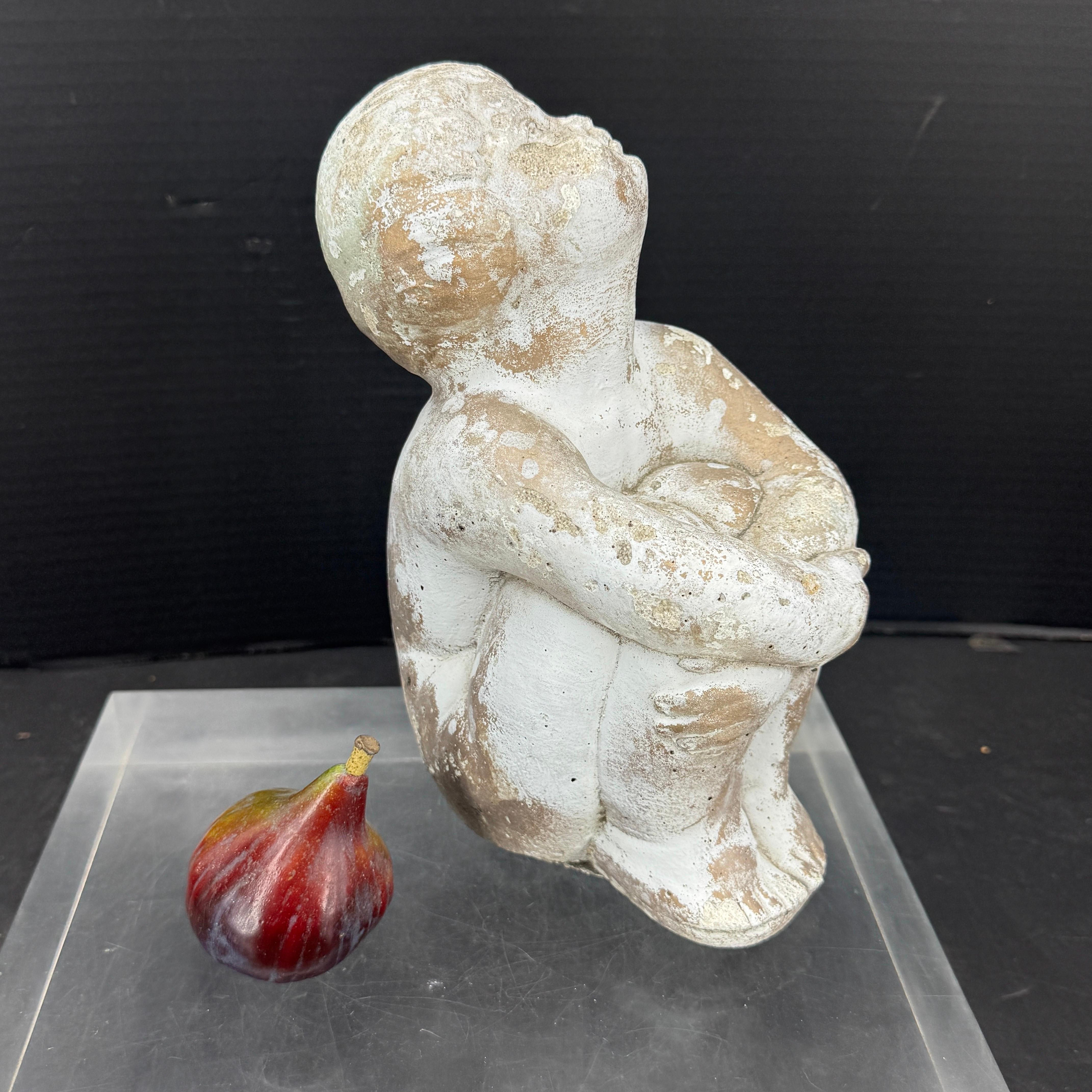 American Vintage Concrete Statue of Girl Holding Knees Garden Ornament For Sale