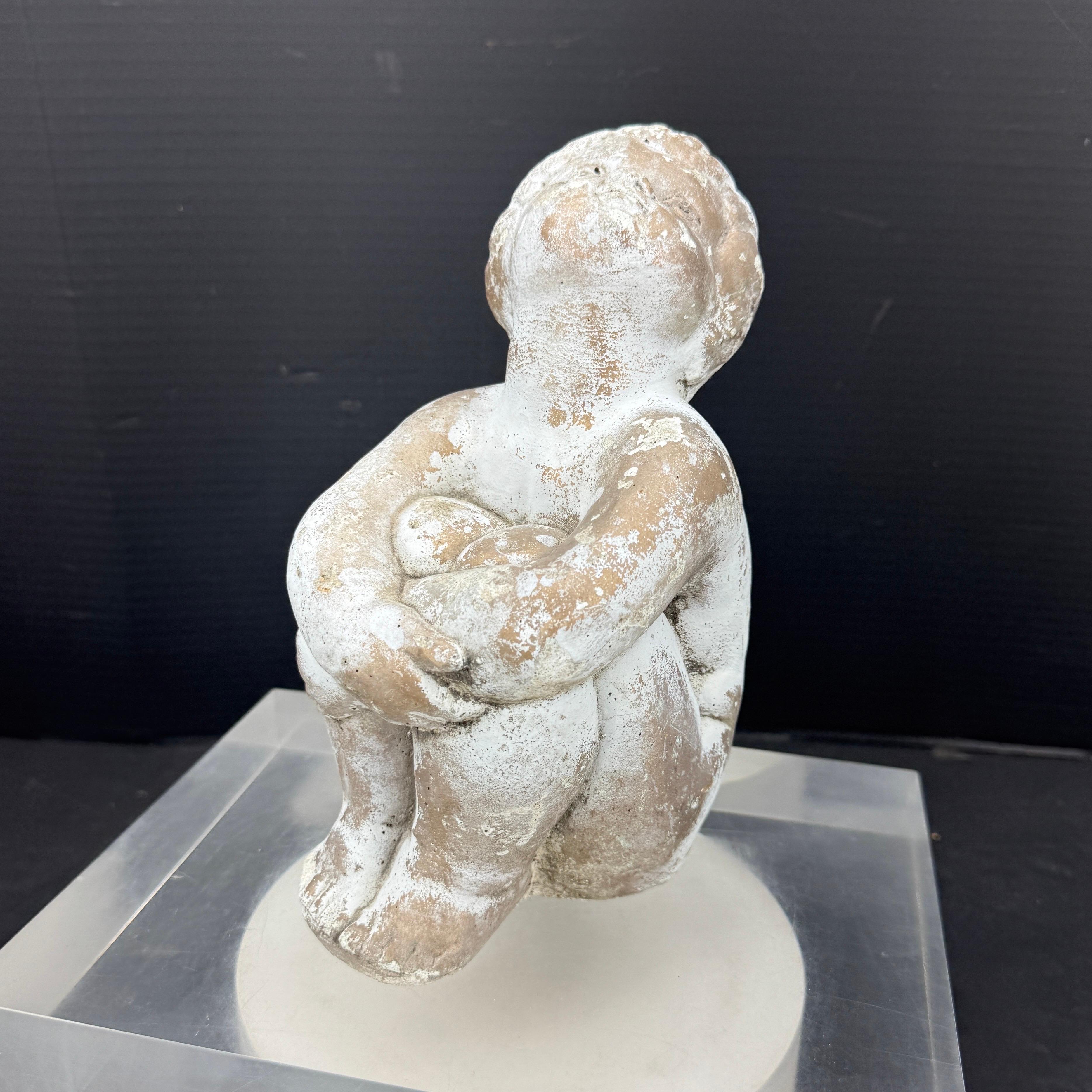 Hand-Crafted Vintage Concrete Statue of Girl Holding Knees Garden Ornament For Sale