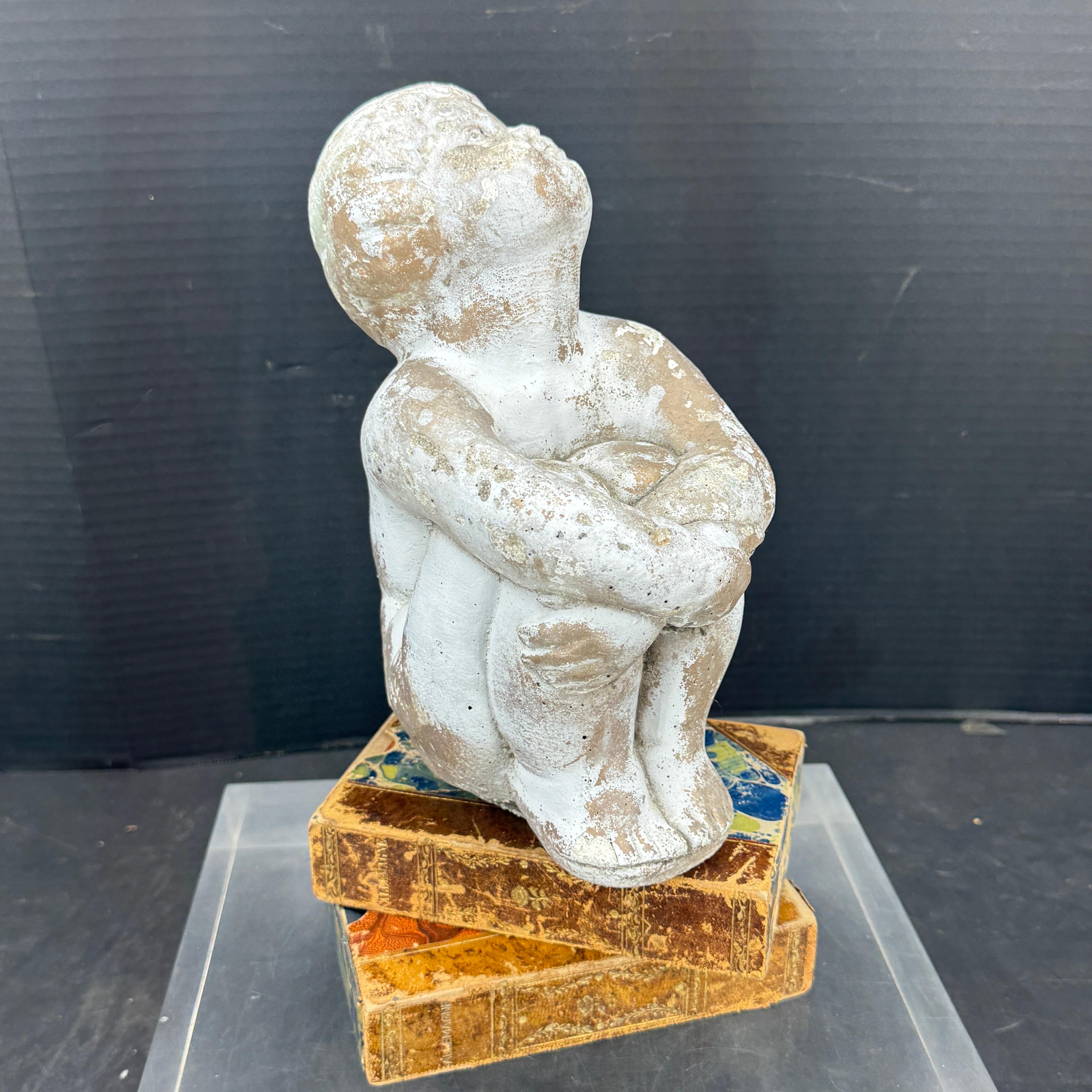 20th Century Vintage Concrete Statue of Girl Holding Knees Garden Ornament For Sale