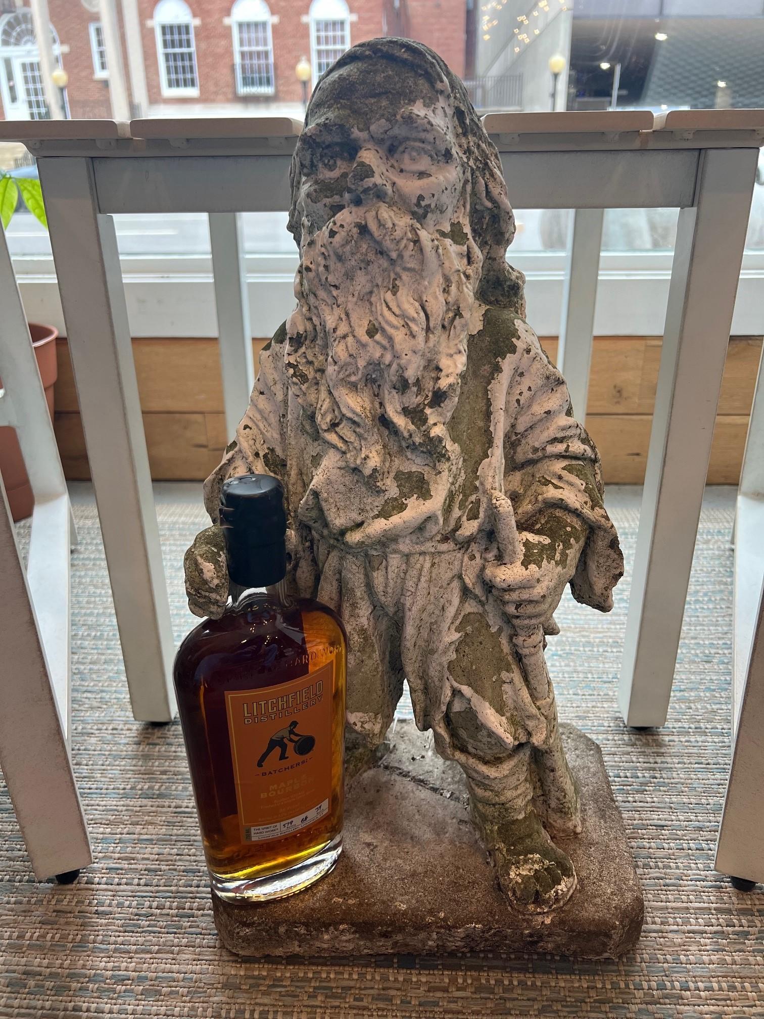 Mid 20th Century vintage concrete statue advertising the Old Catskill Brand Apple Brandy. It's a great piece of history with his hand open to hold a bottle of Old Catskill Apple Brandy also know as Applejack. 
The popularity of the Hudson Valley’s