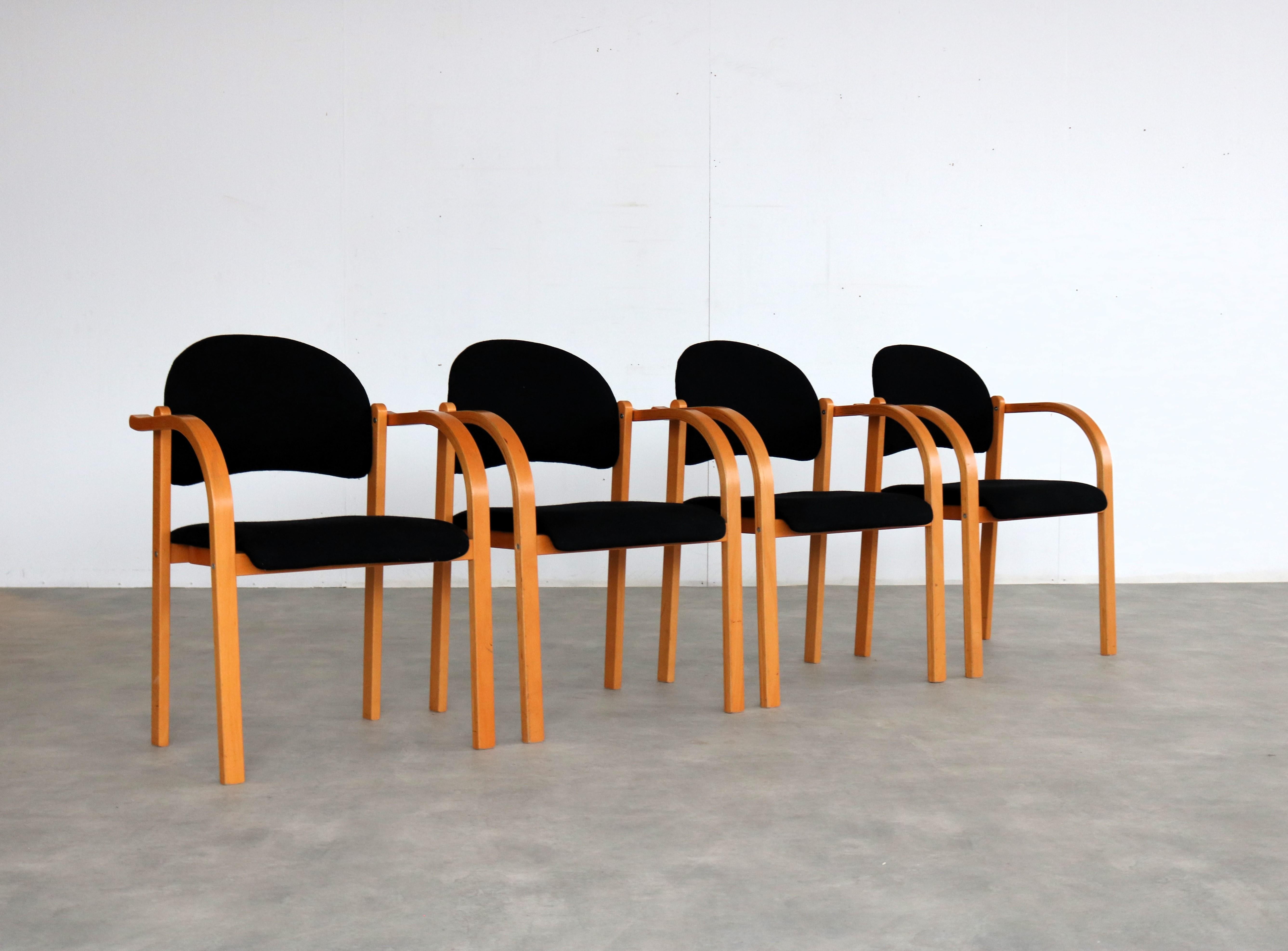 vintage conference chairs  chairs  Sweden

period  90s
design  Ikea  Sweden
condition  good  light signs of use
size  80 x 57 x 50 (hxwxd) seat height 44.5

details  wood; upholstery; set of 4;

article number  2652