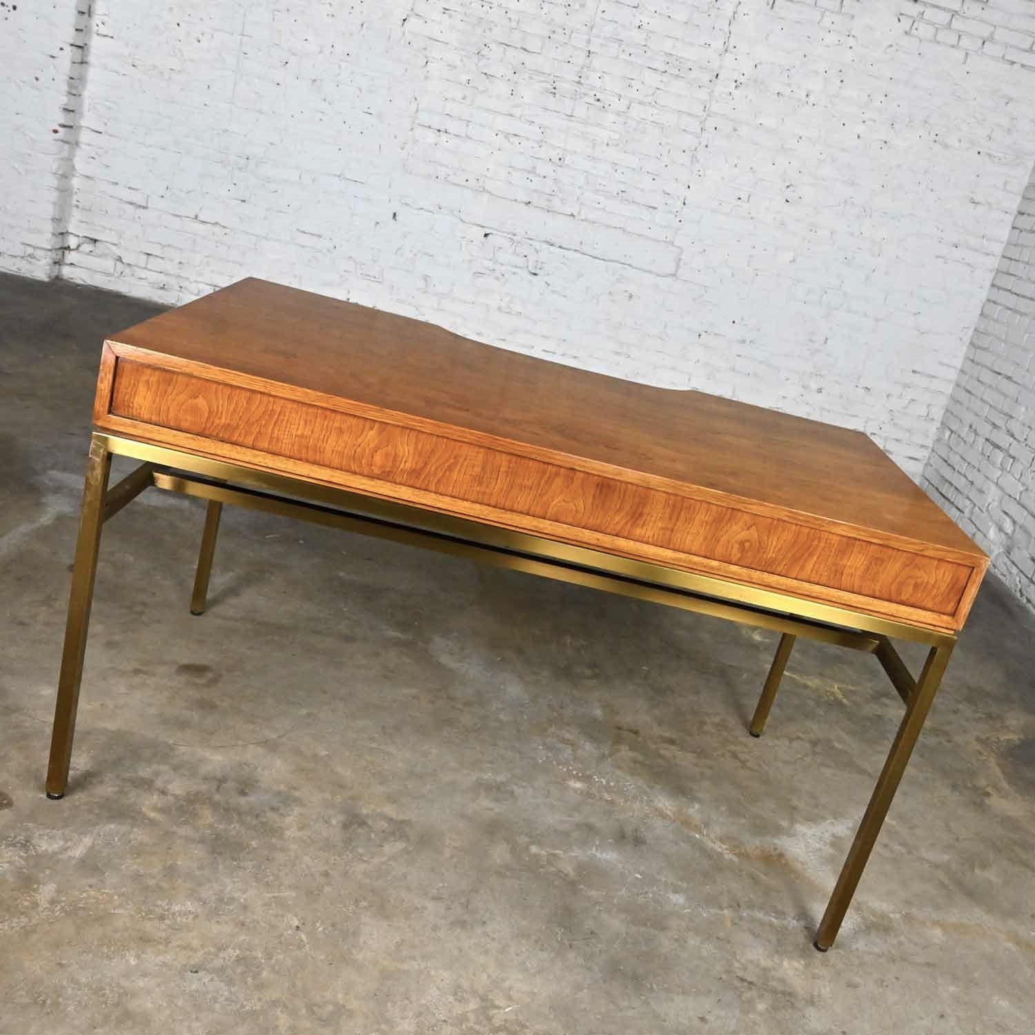 Vintage Consensus Collection by Drexel MCM Writing Desk Ash & Brass Plated Metal In Good Condition In Topeka, KS