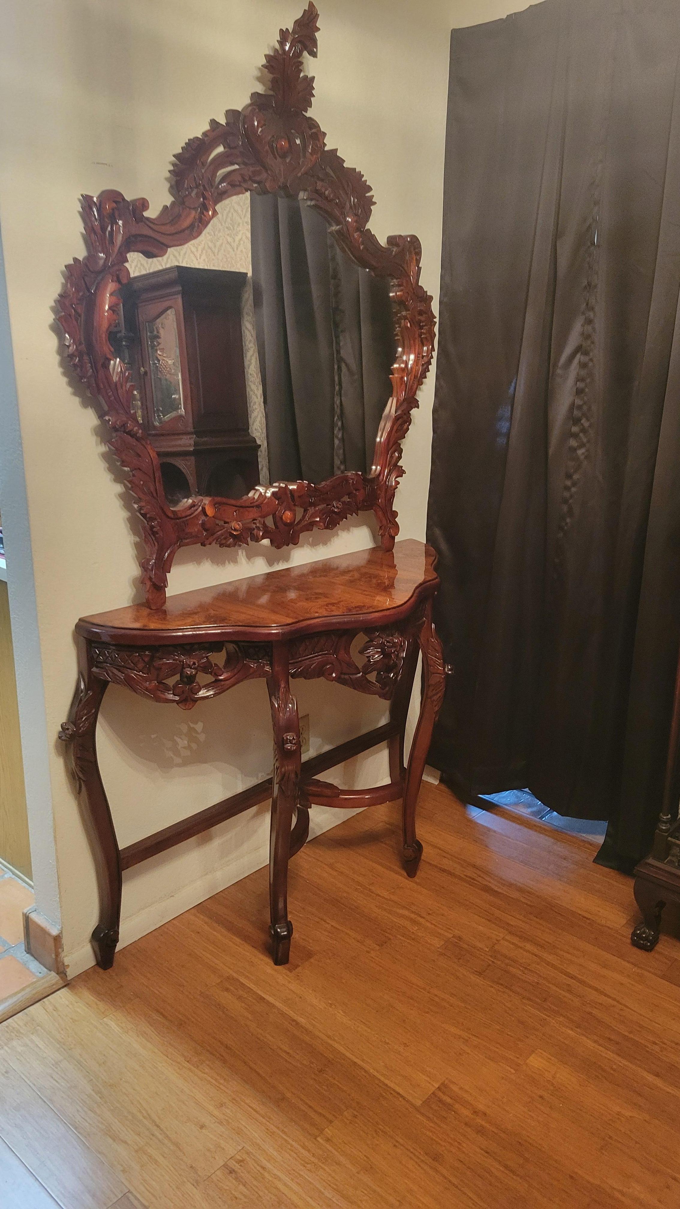 Rococo Console Demi-Lune (Half-Moon) Table with Hand-Carved Mirror For Sale