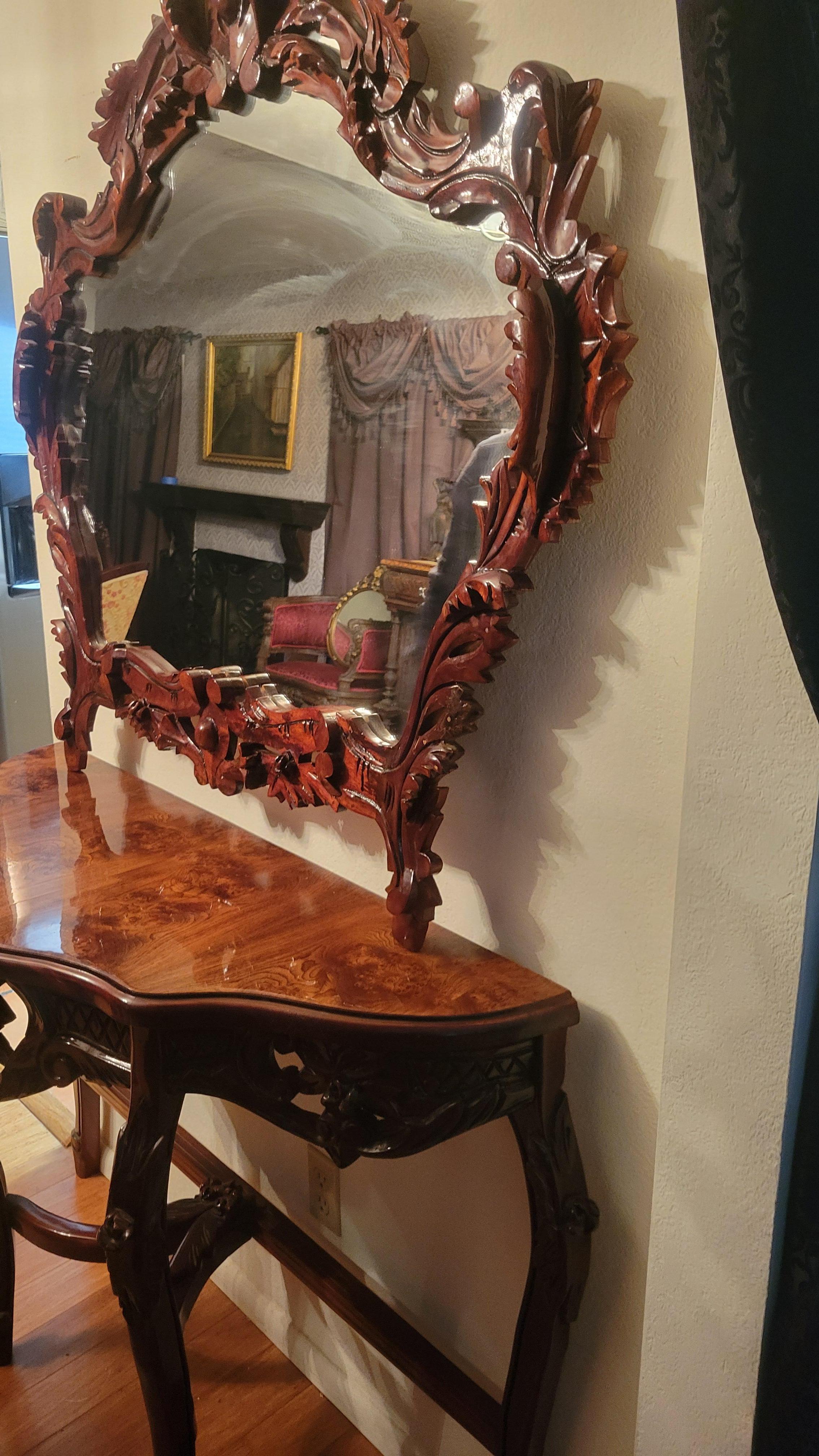 Console Demi-Lune (Half-Moon) Table with Hand-Carved Mirror In Good Condition For Sale In Phoenix, AZ