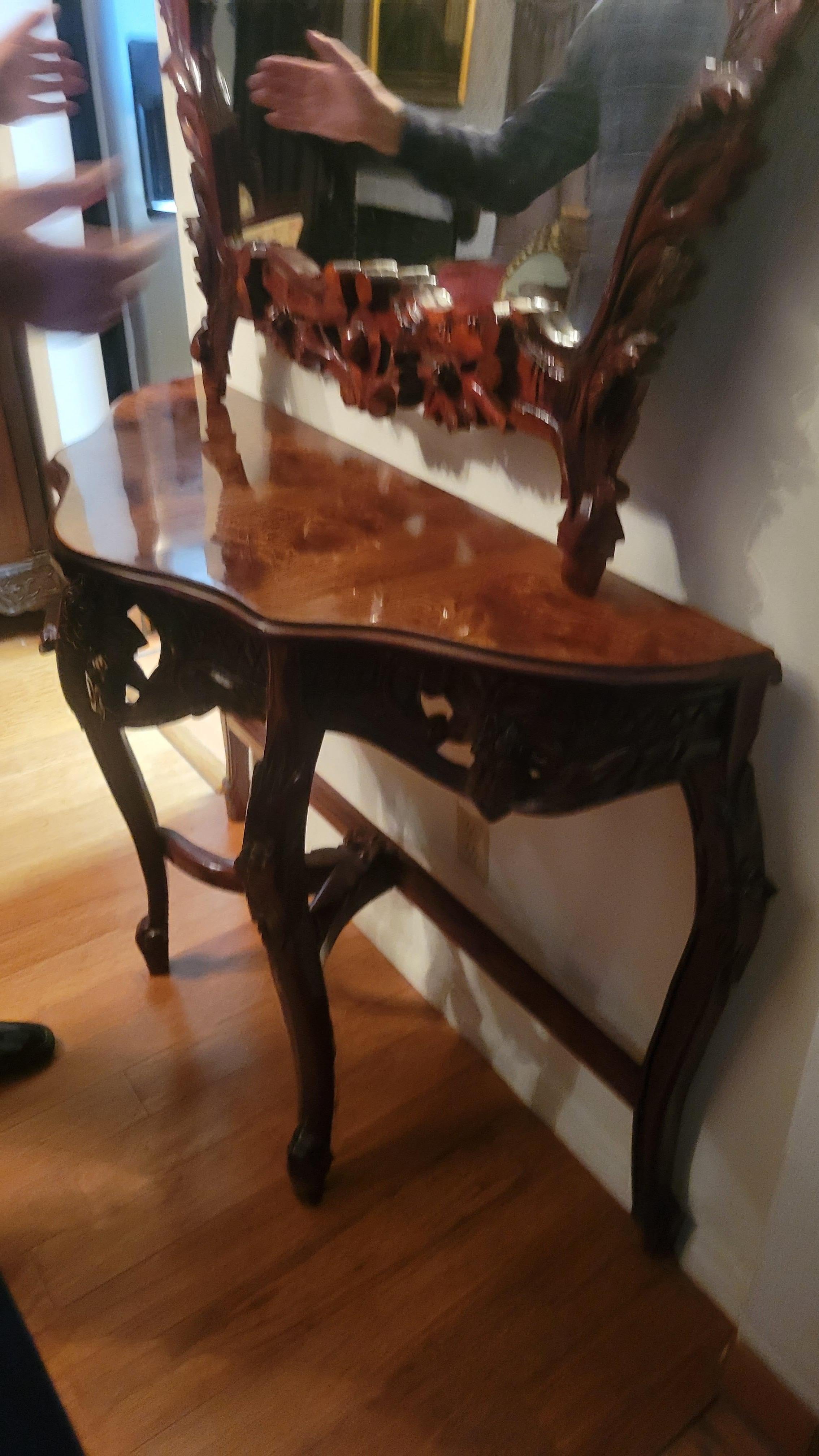 20th Century Console Demi-Lune (Half-Moon) Table with Hand-Carved Mirror For Sale