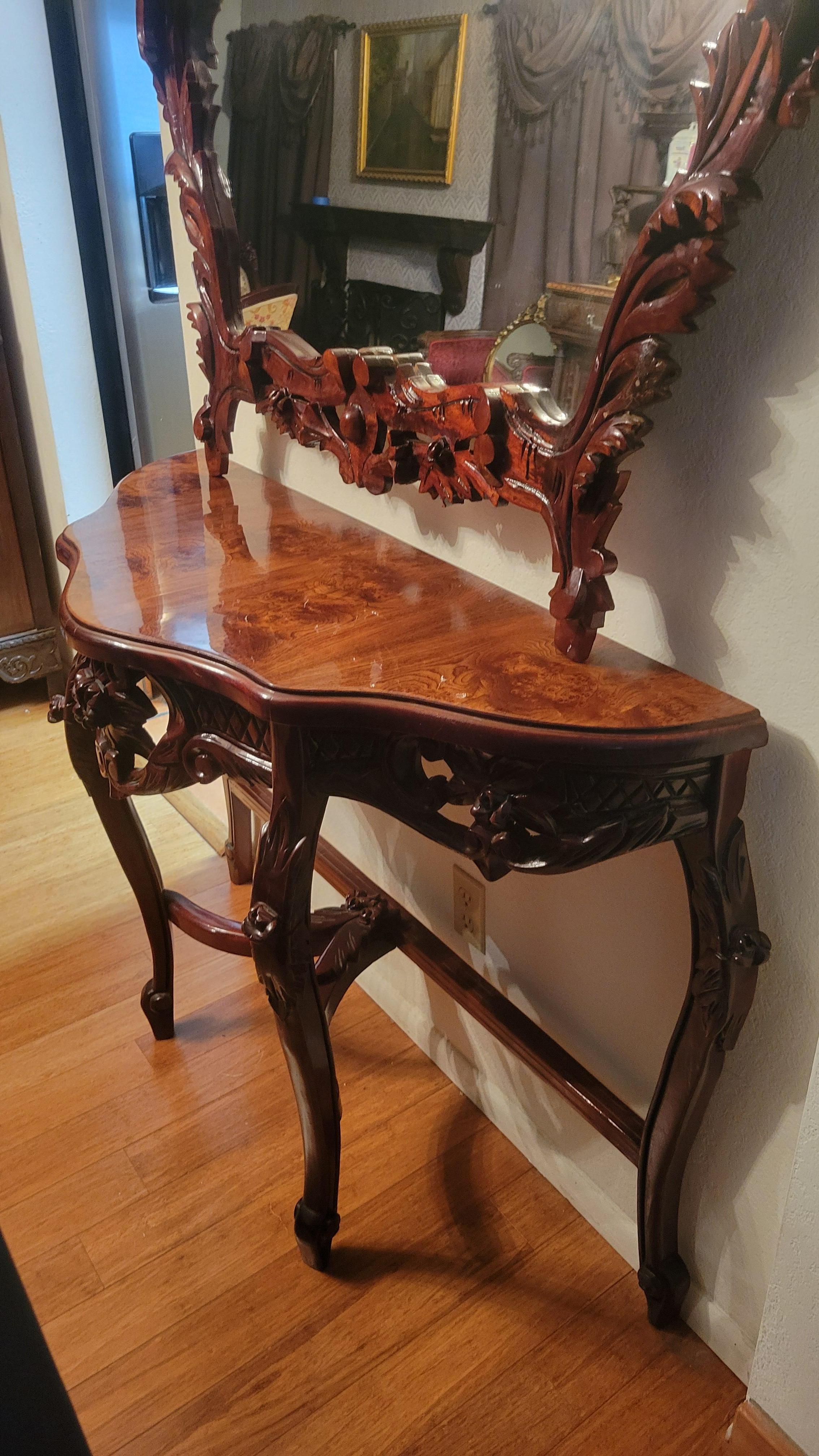 Wood Console Demi-Lune (Half-Moon) Table with Hand-Carved Mirror For Sale