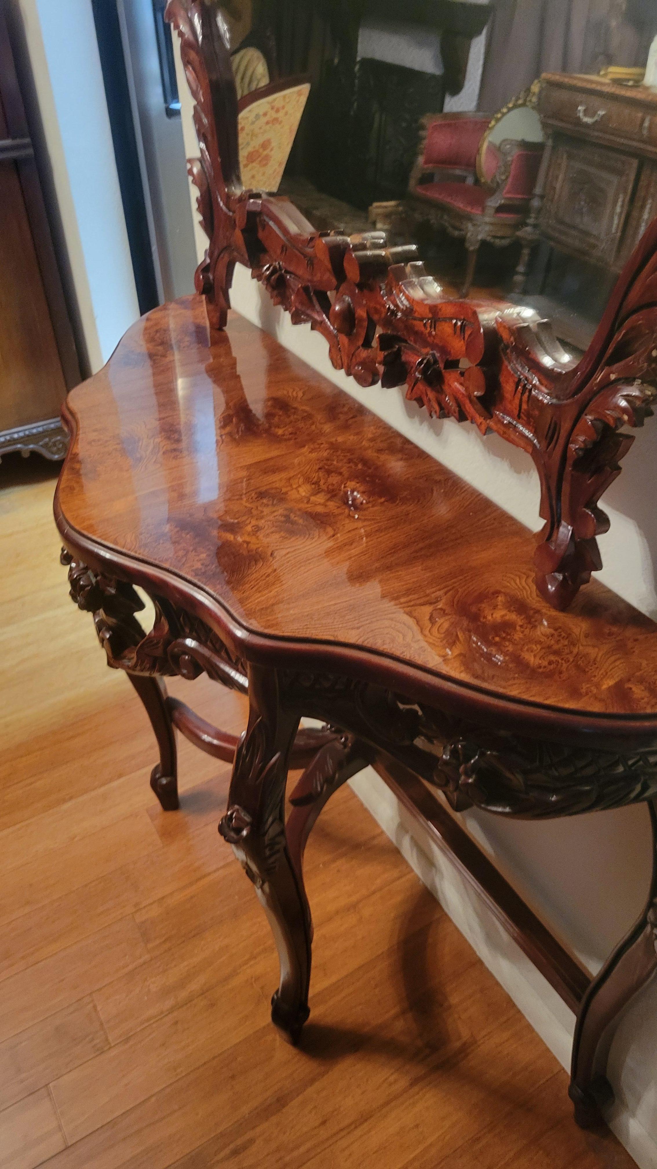 Console Demi-Lune (Half-Moon) Table with Hand-Carved Mirror For Sale 1