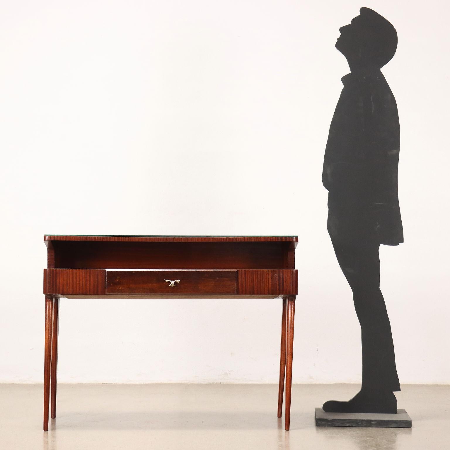 Console table with drawer in mahogany veneered wood with back-treated glass top.