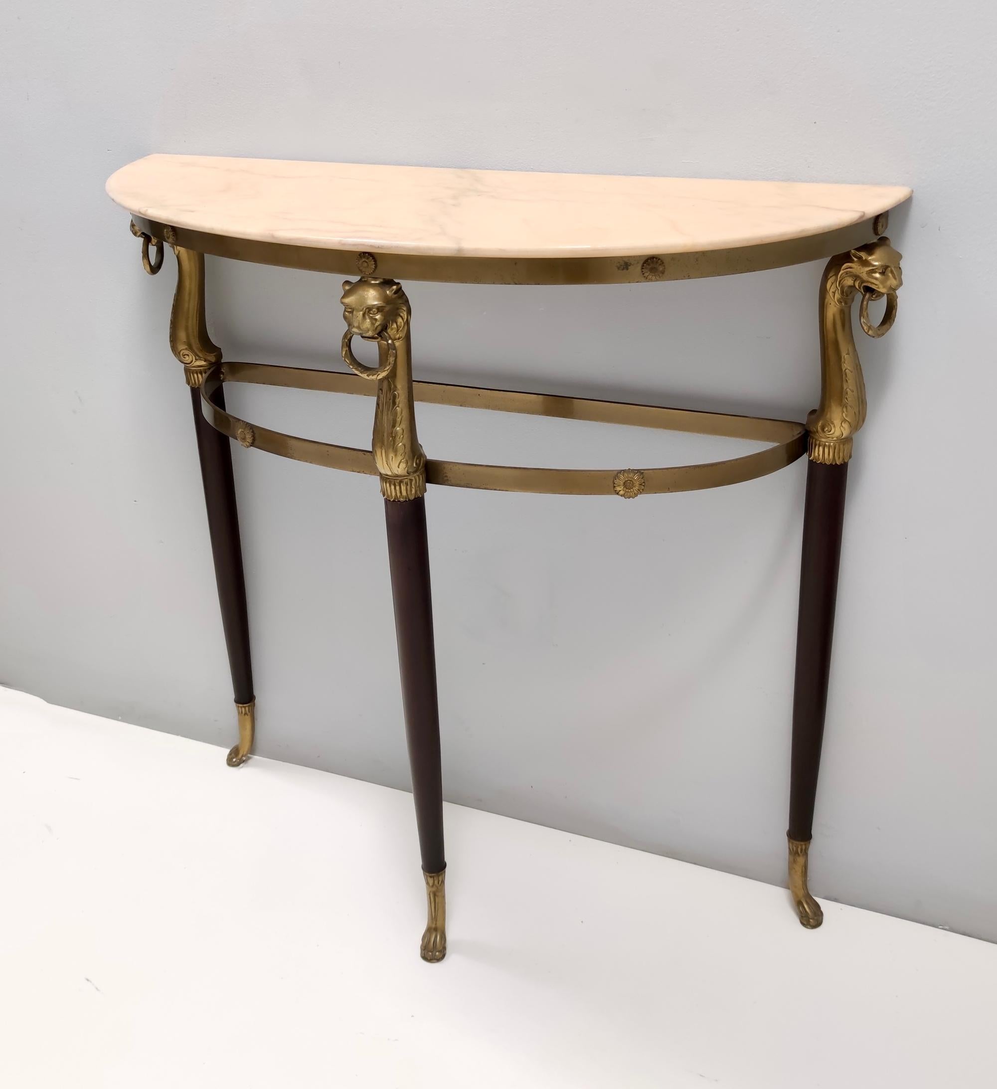 Brass Vintage Console Table with a Demilune Portuguese Pink Marble Top, Italy