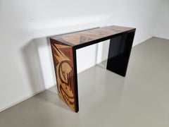 Vintage console table with inlaid wood, handmade, Italy, 1970s