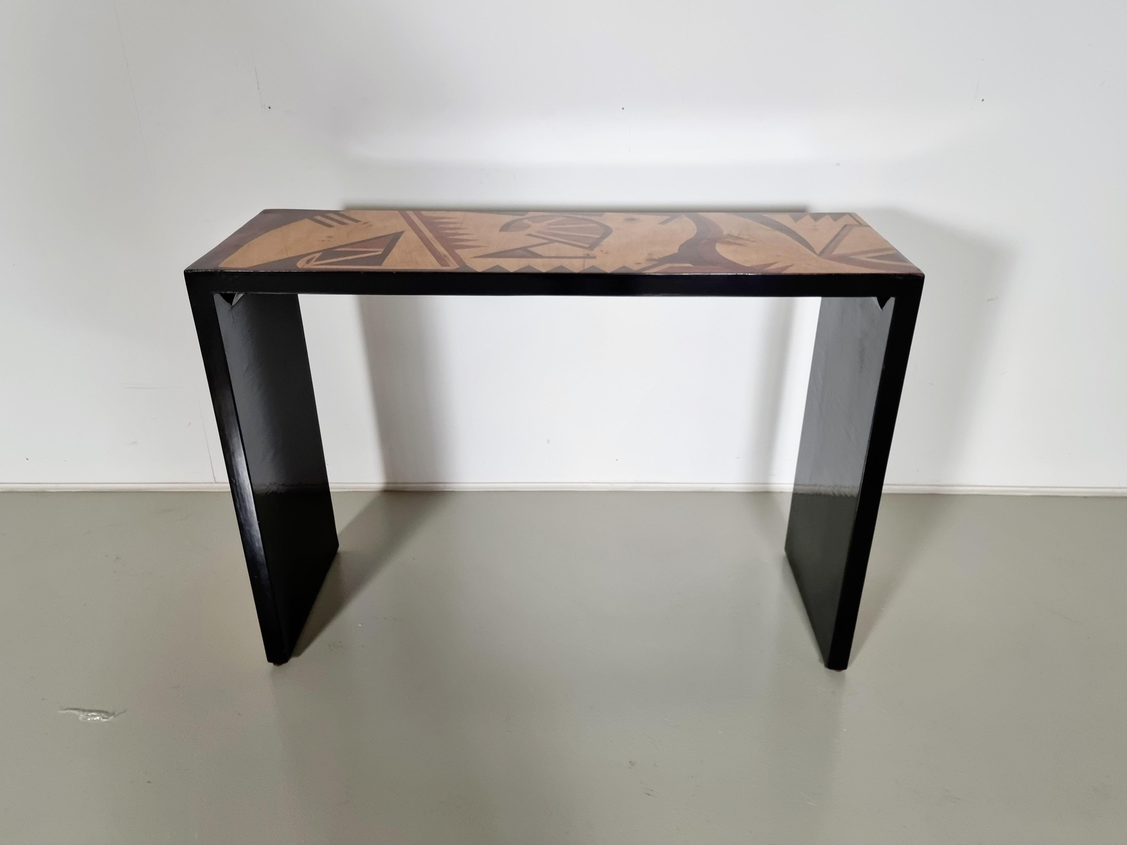 Mid-Century Modern Vintage console table with inlaid wood, handmade, Italy, 1970s