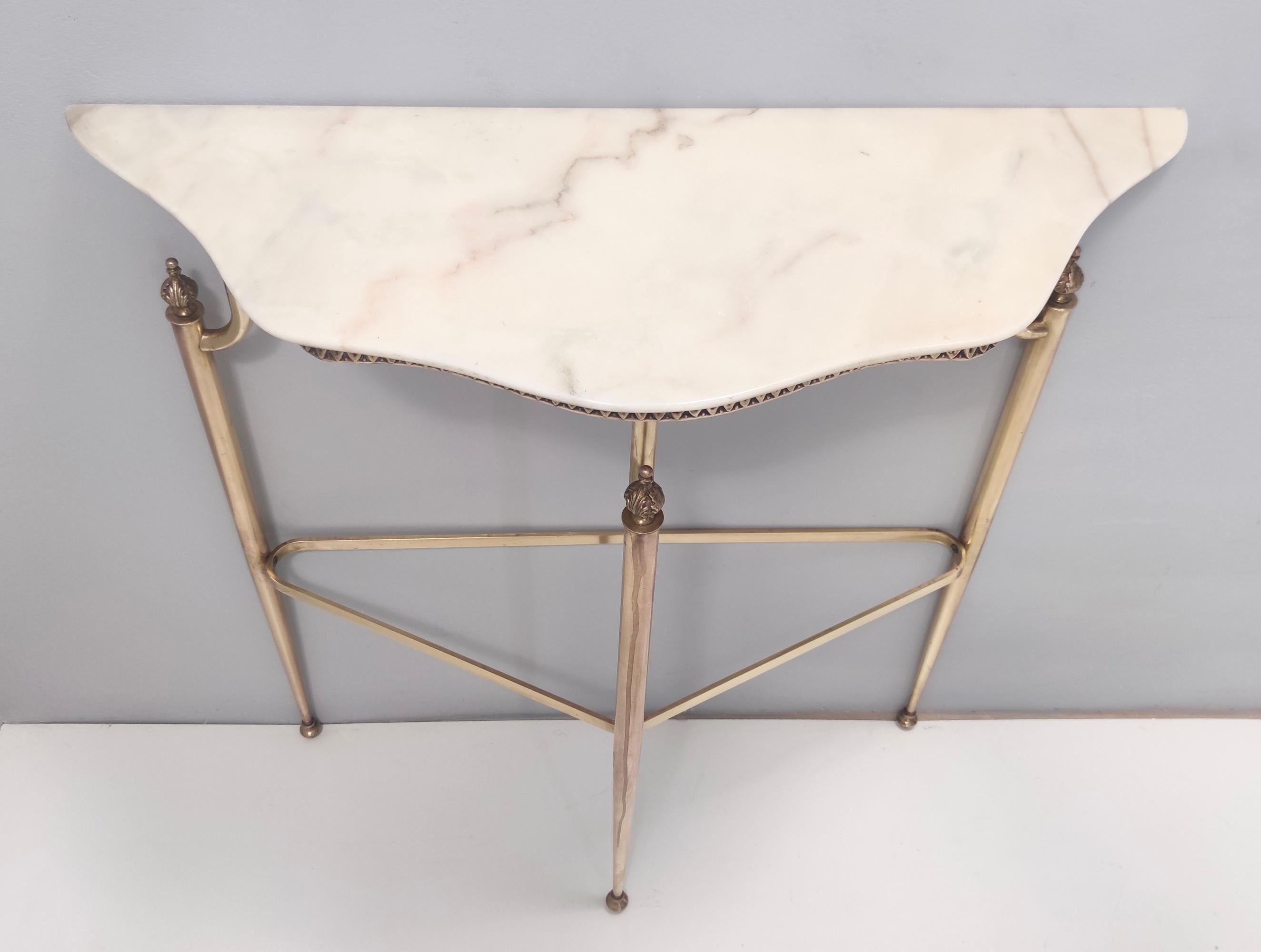 Mid-20th Century Vintage Console Table with Portuguese Pink Marble Top and Brass Frame, Italy