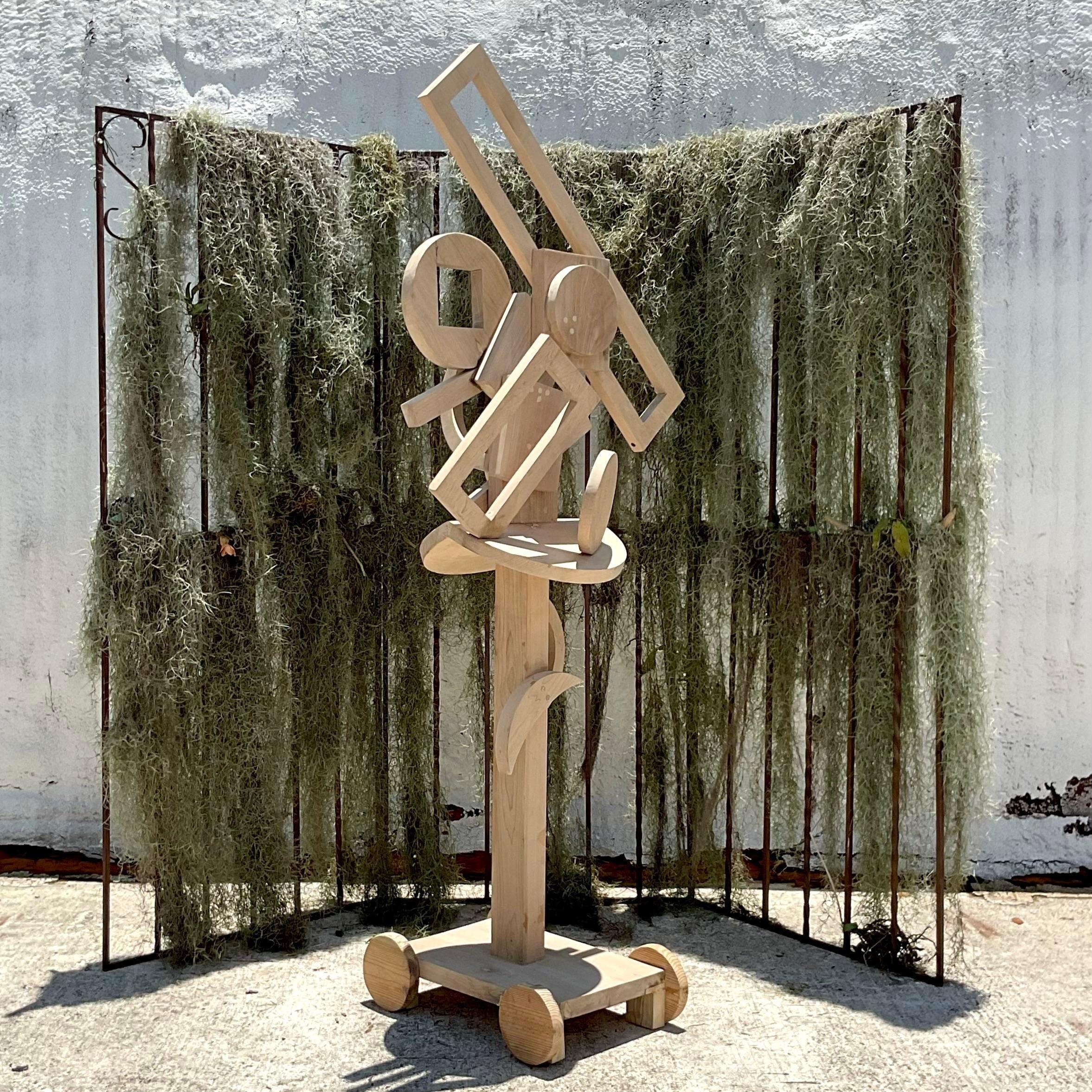 Vintage Constructivist Abstract Wood Floor Sculpture In Good Condition For Sale In west palm beach, FL