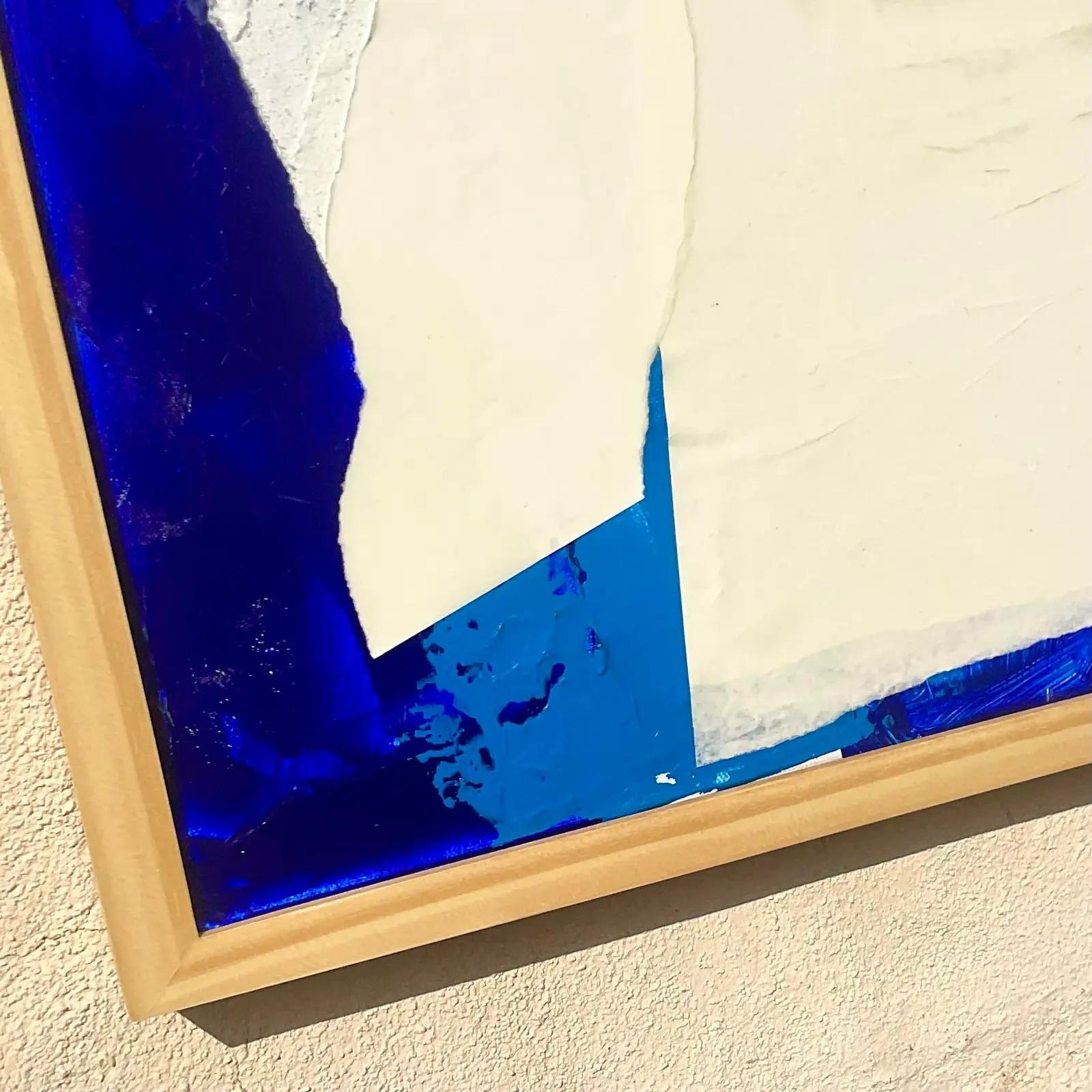A fantastic vintage Contemporary mixed media original oil on canvas. A beautiful composition in brilliant shades of blue and white. Unsigned. Acquired from a Palm Beach estate.