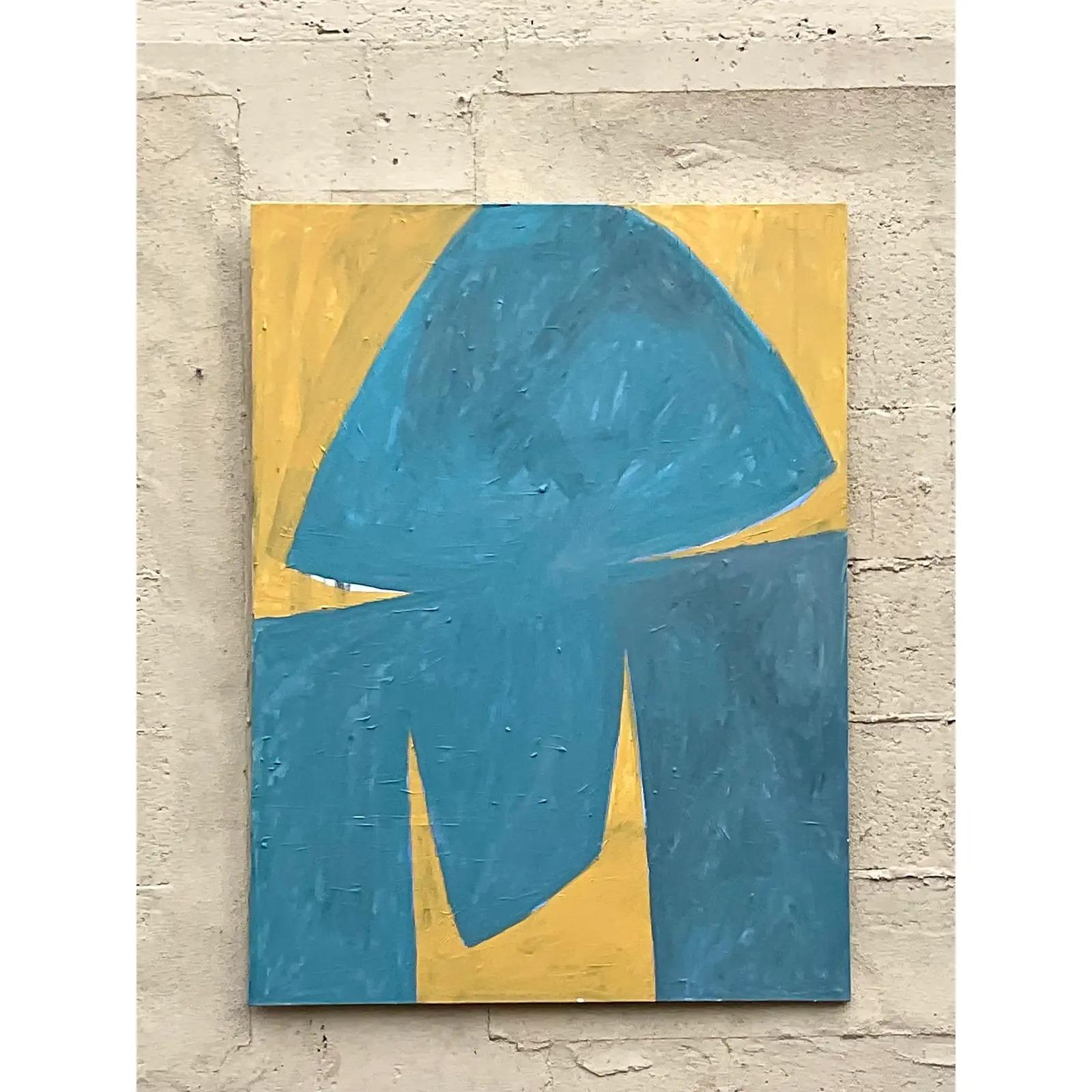 A fabulous vintage Contemporary original oil painting. A stunning geometric abstract in muted colors. Unsigned. Acquired from a Palm Beach estate.