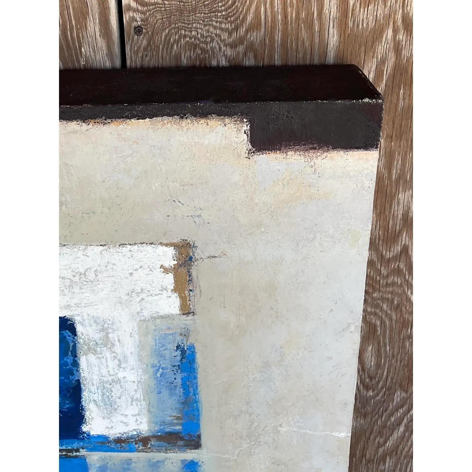 Fantastico dipinto a olio originale astratto d'epoca. Firmato e datato dall'artista Alvarez 08. Una grande e fantastica composizione dominata da brillanti tonalità di blu e lampi di arancione. Firmato sul fronte e sul retro. Acquistato da una
