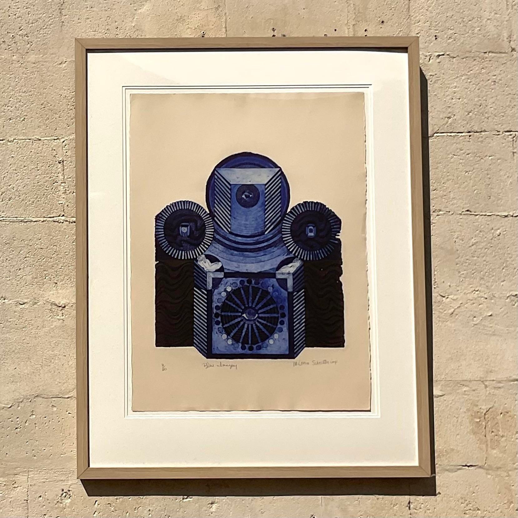 A spectacular vintage Contemporary Serigraph. A chic Abstract composition in brilliant shades of blue. Signed and numbered by the artist. Acquired from a Palm Beach estate.