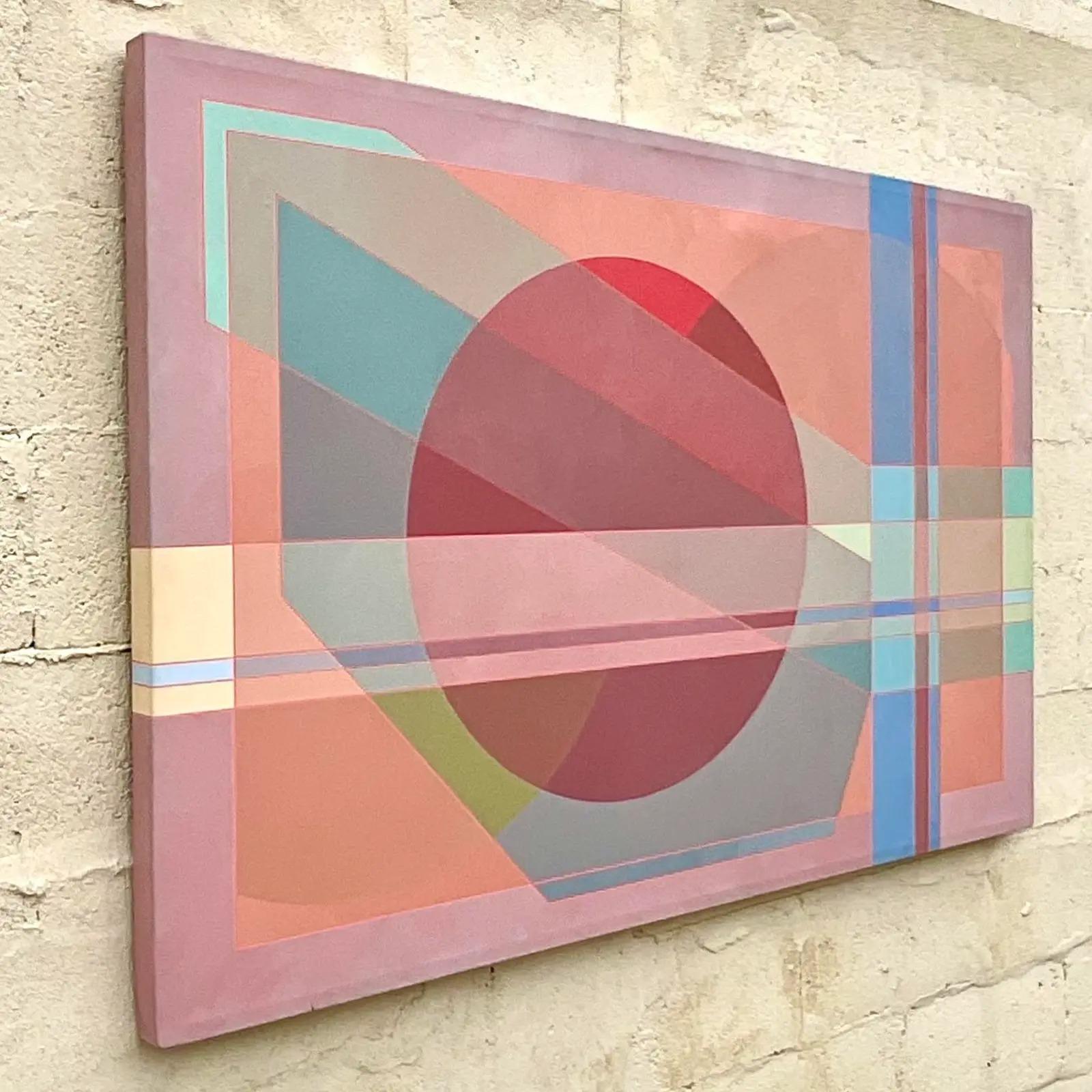 A brilliant vintage Contemporary Abstract original oil painting on canvas. A geometric composition in muted colors. Signed by the artist. Acquired from a Palm Beach estate.