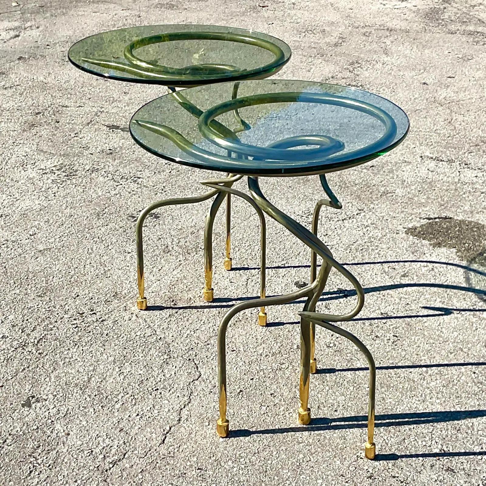 Steel Vintage Contemporary Abstract Swirl Side Tables a Pair