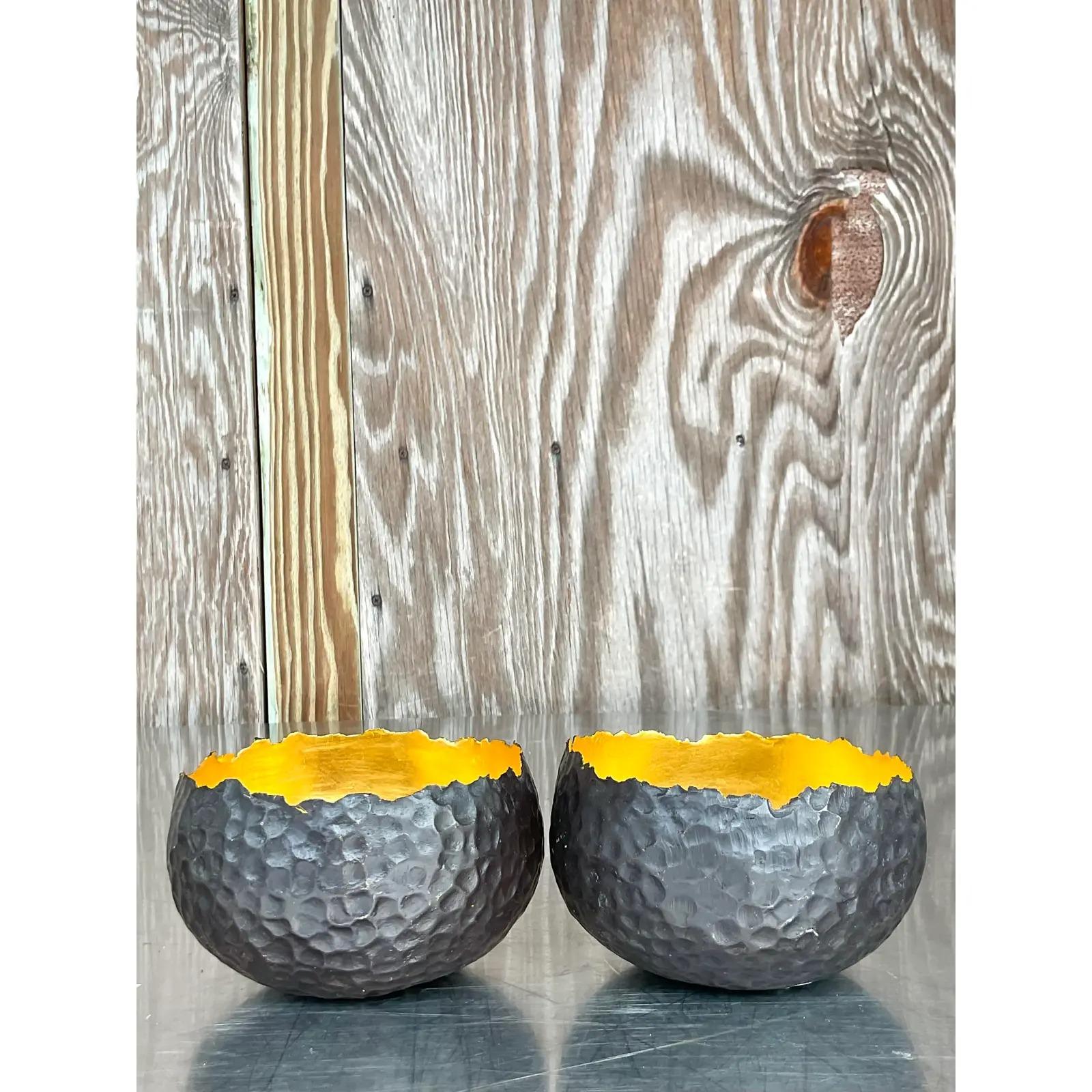 A spectacular pair of vintage contemporary Alexander Lamont bowls. Beautiful hand hammered brown eyes lined with glowing gold interior. Acquired from a Palm Beach estate.