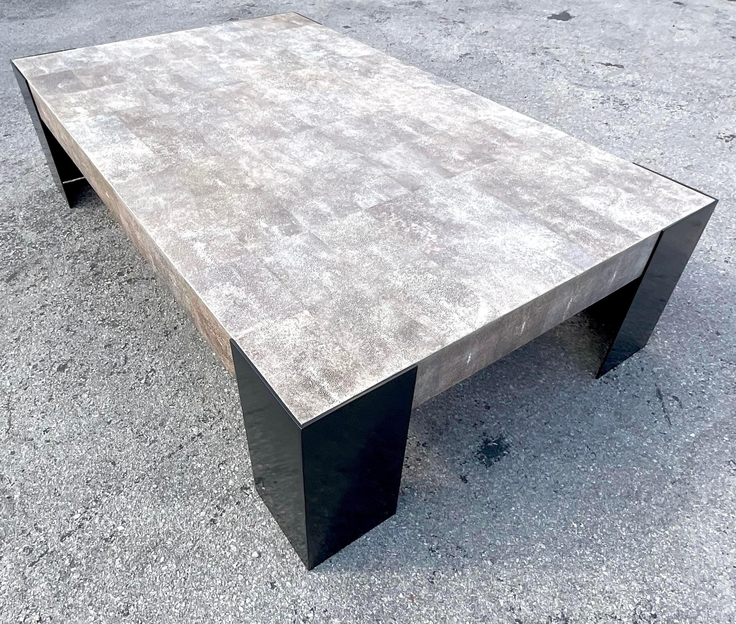 An extraordinary vintage contemporary coffee table. Chic wrapped Stingray frame with patinated steel legs. An impeccably made piece of furniture. Made by the iconic Alexander Lamont and signed on the bottom. Acquired from a Palm Beach estate.