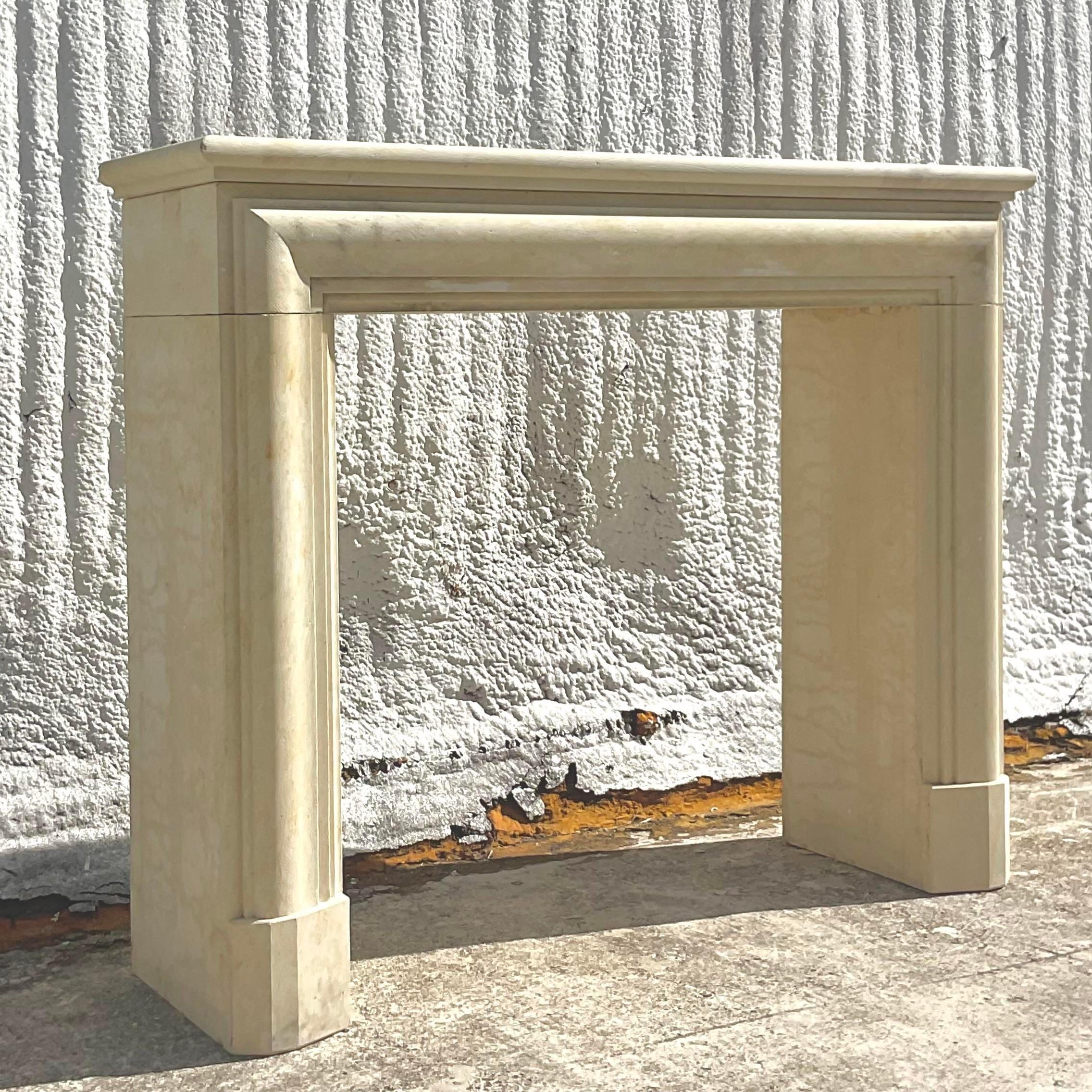 Vintage Contemporary Authentic Provence Bullnose Limestone Fireplace Surround For Sale 5
