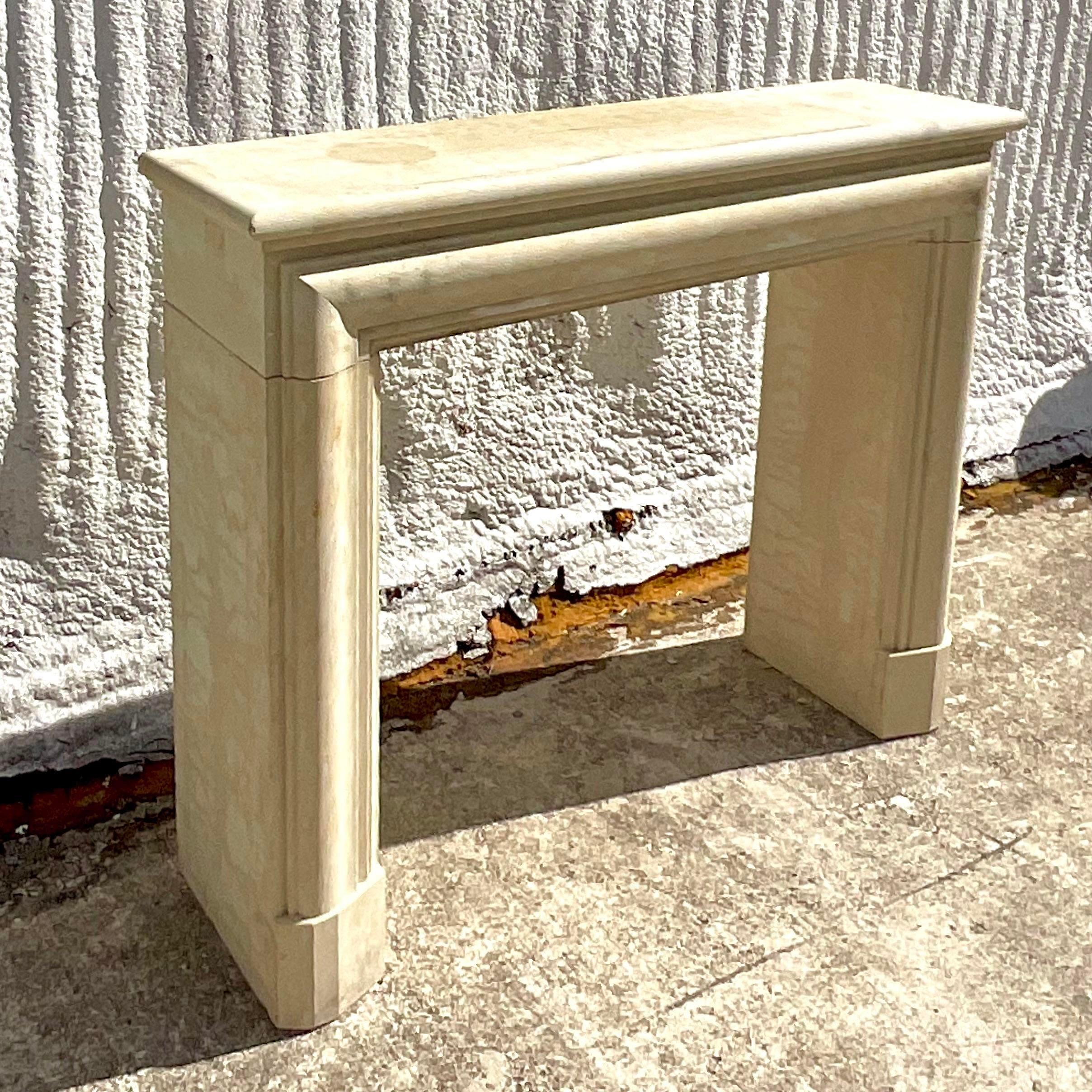 An exceptional vintage Contemporary limestone fireplace mantle. Made by the iconic Authentic Provence. Clean lines and solid dimensions make this a timeless classic. Perched by the designer and never installed. A great opportunity to get a major