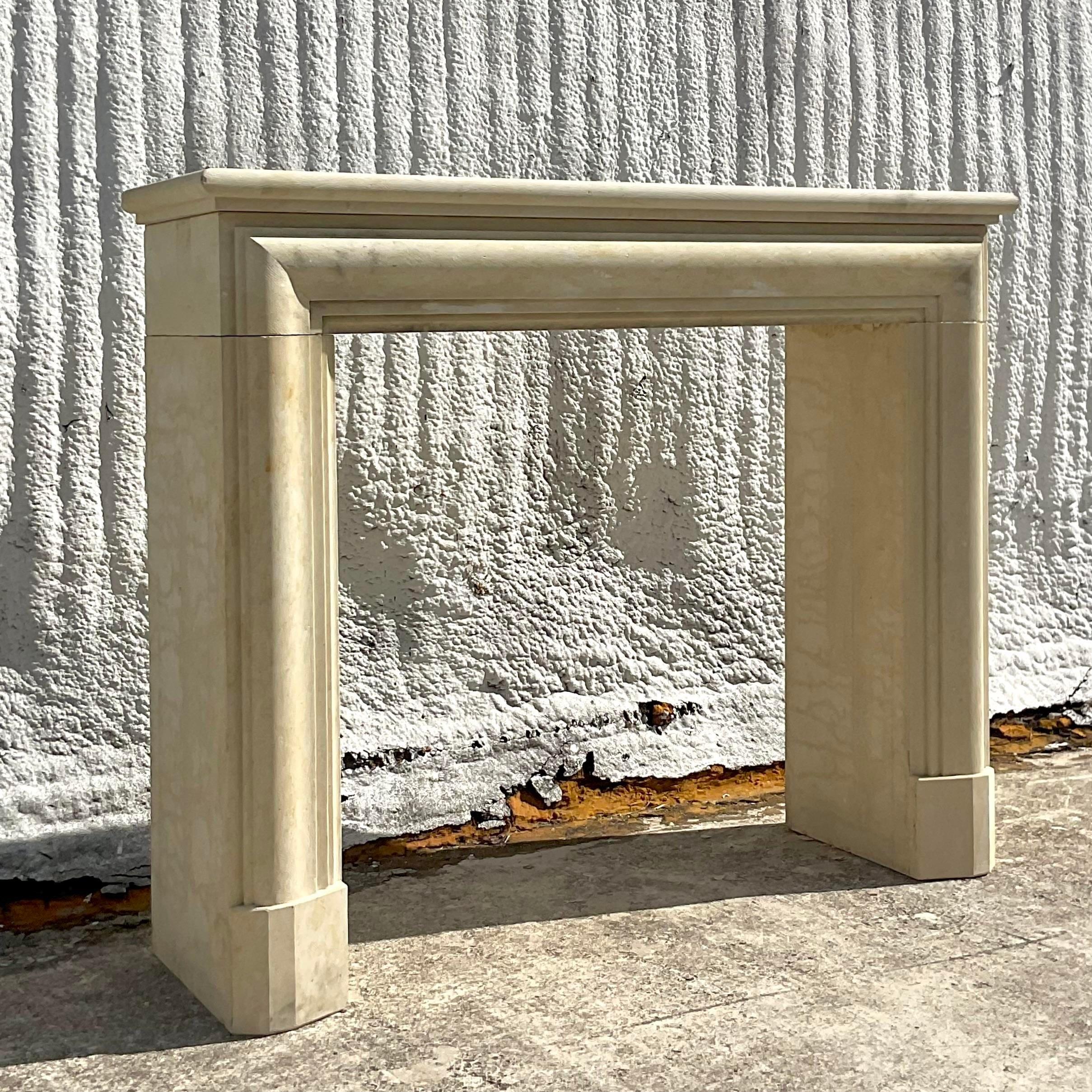 Mid-Century Modern Vintage Contemporary Authentic Provence Bullnose Limestone Fireplace Surround For Sale
