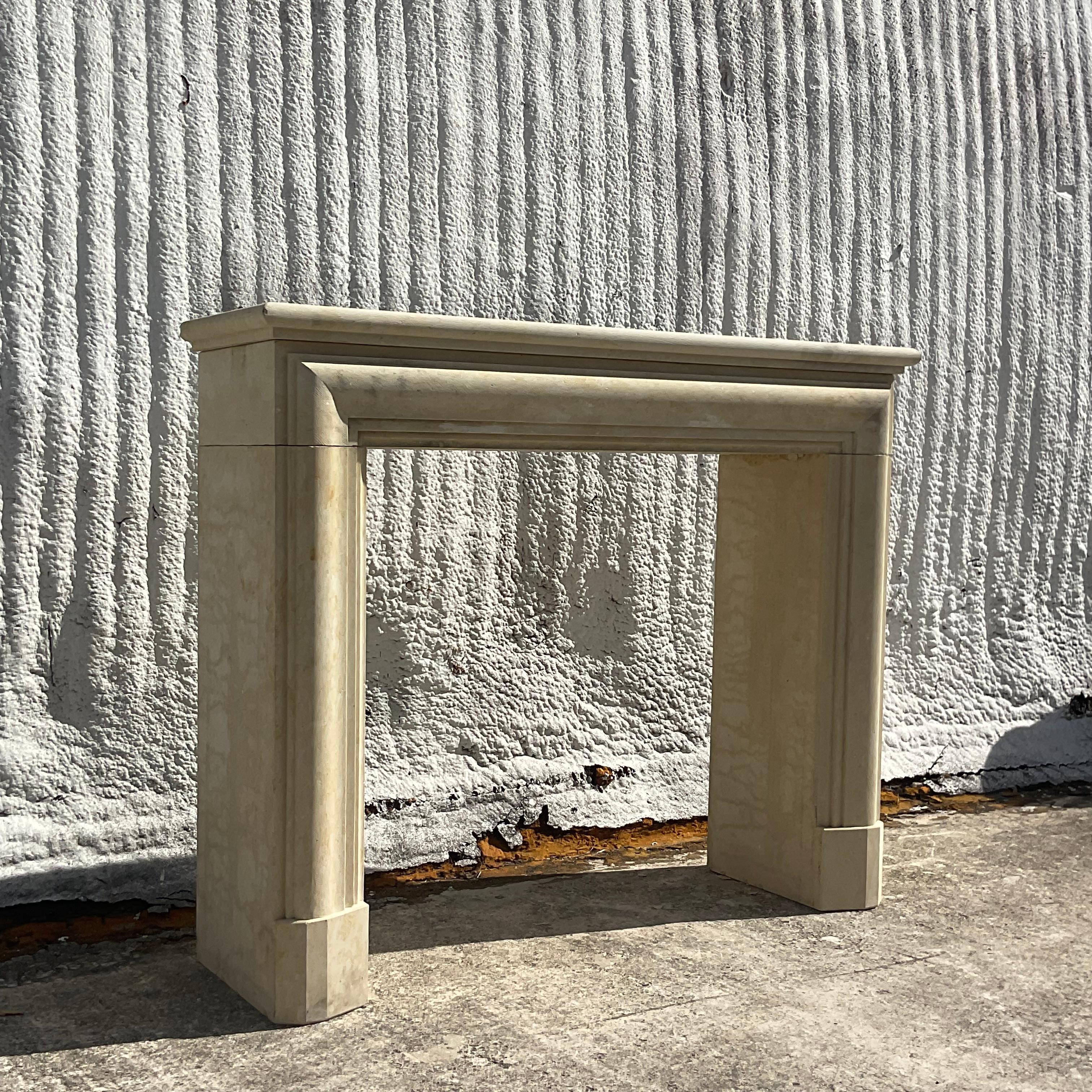American Vintage Contemporary Authentic Provence Bullnose Limestone Fireplace Surround For Sale