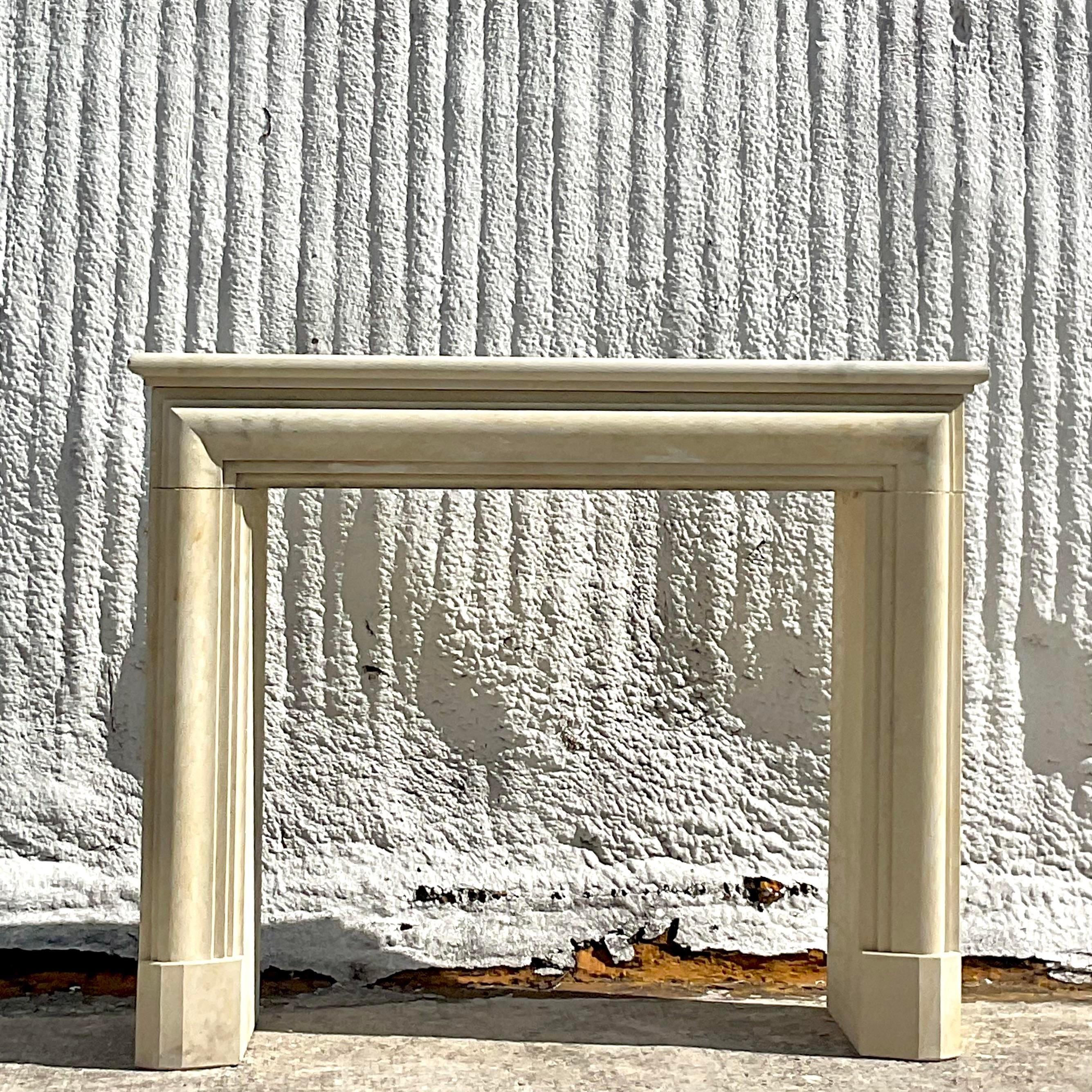 Vintage Contemporary Authentic Provence Bullnose Limestone Fireplace Surround In Good Condition For Sale In west palm beach, FL