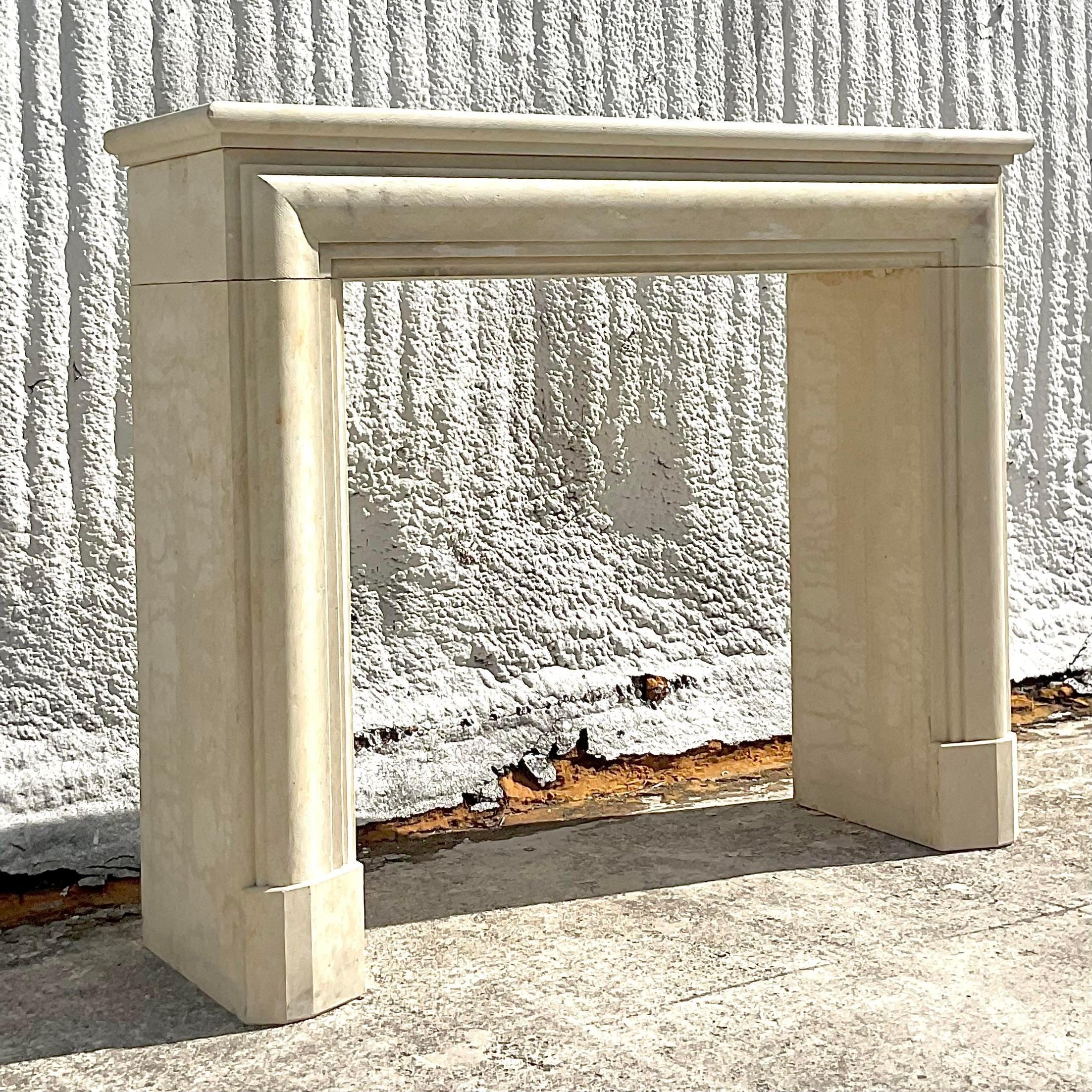 Vintage Contemporary Authentic Provence Bullnose Limestone Fireplace Surround For Sale 1