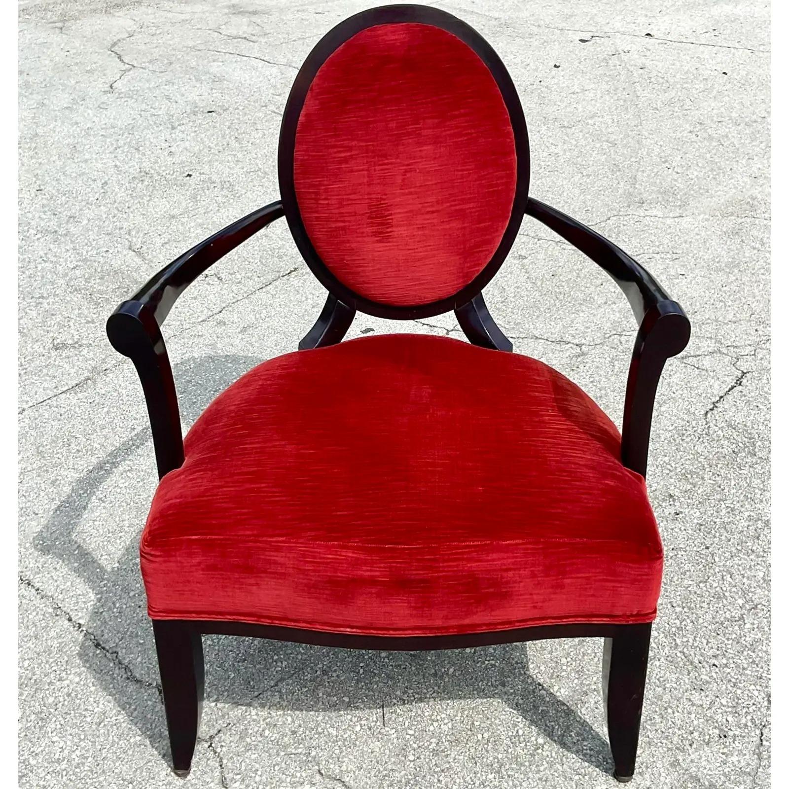 Fantastic vintage Contemporary Arm chair. Made by the designer Barbara Barry for the iconic Baker Furniture group. Beautiful medallion back design with a wide seat and gorgeous velvet upholstery. Mark on the bottom. Acquired from a Naples estate.