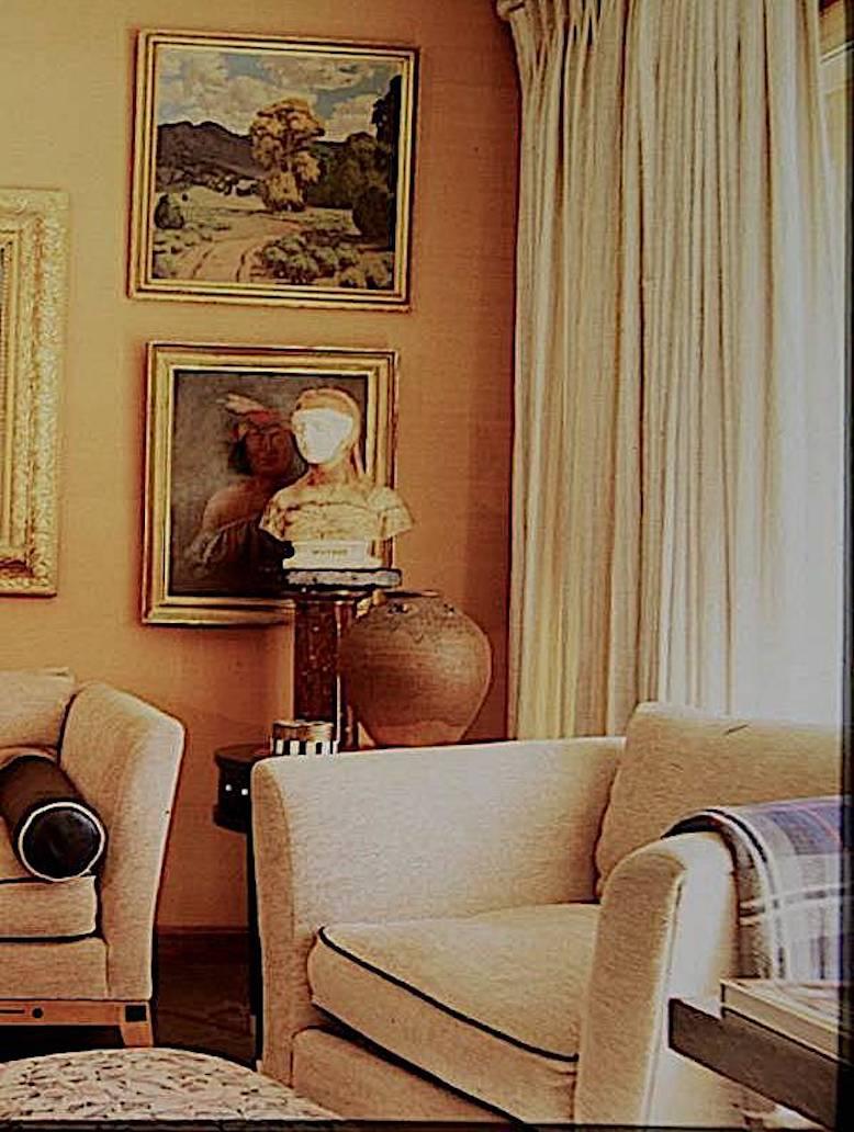 Vintage Contemporary Biedermeier Lounge Chairs, Donghia Linen Chenille/Leather For Sale 6