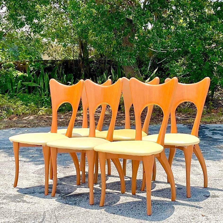 Upholstery Vintage Contemporary Blonde Biomorphic Dining Chairs - Set of 6
