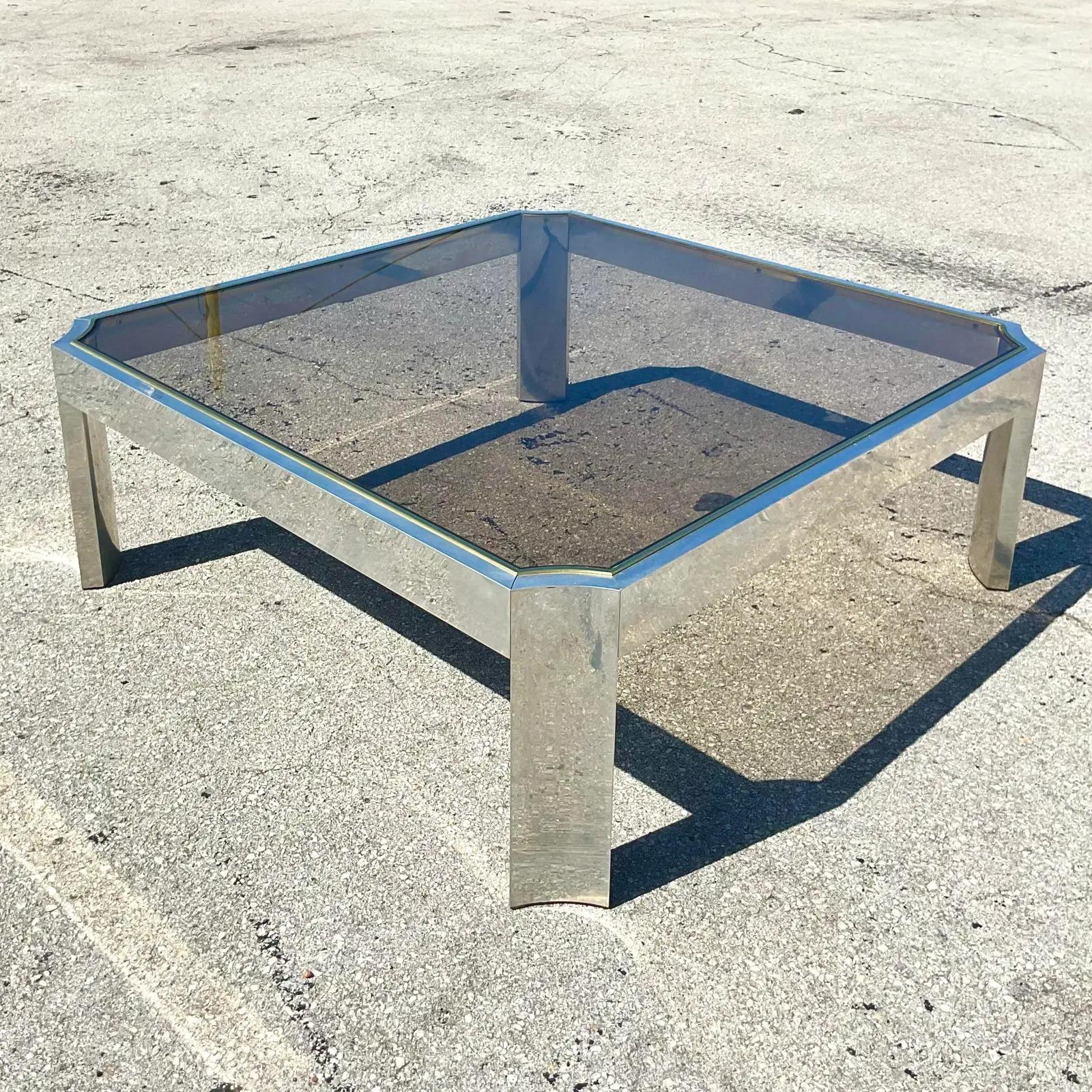20th Century Vintage Contemporary Brushed Chrome and Brass Notched Coffee Table For Sale