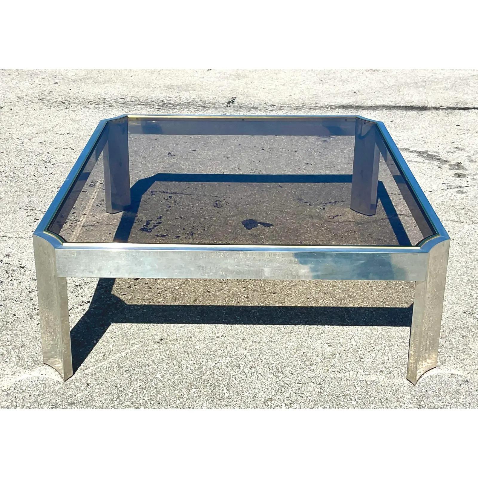 Vintage Contemporary Brushed Chrome and Brass Notched Coffee Table For Sale 1