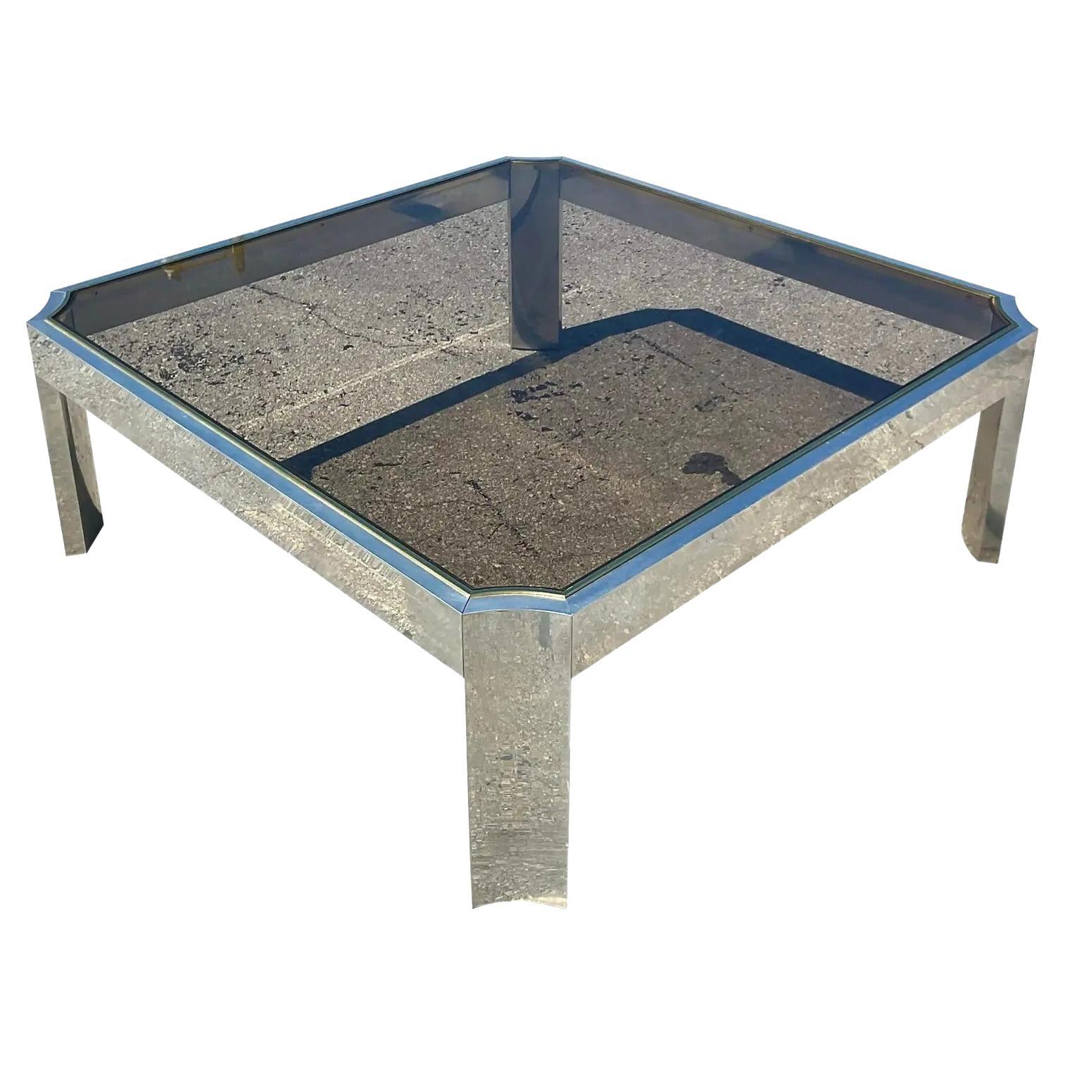 Vintage Contemporary Brushed Chrome and Brass Notched Coffee Table For Sale