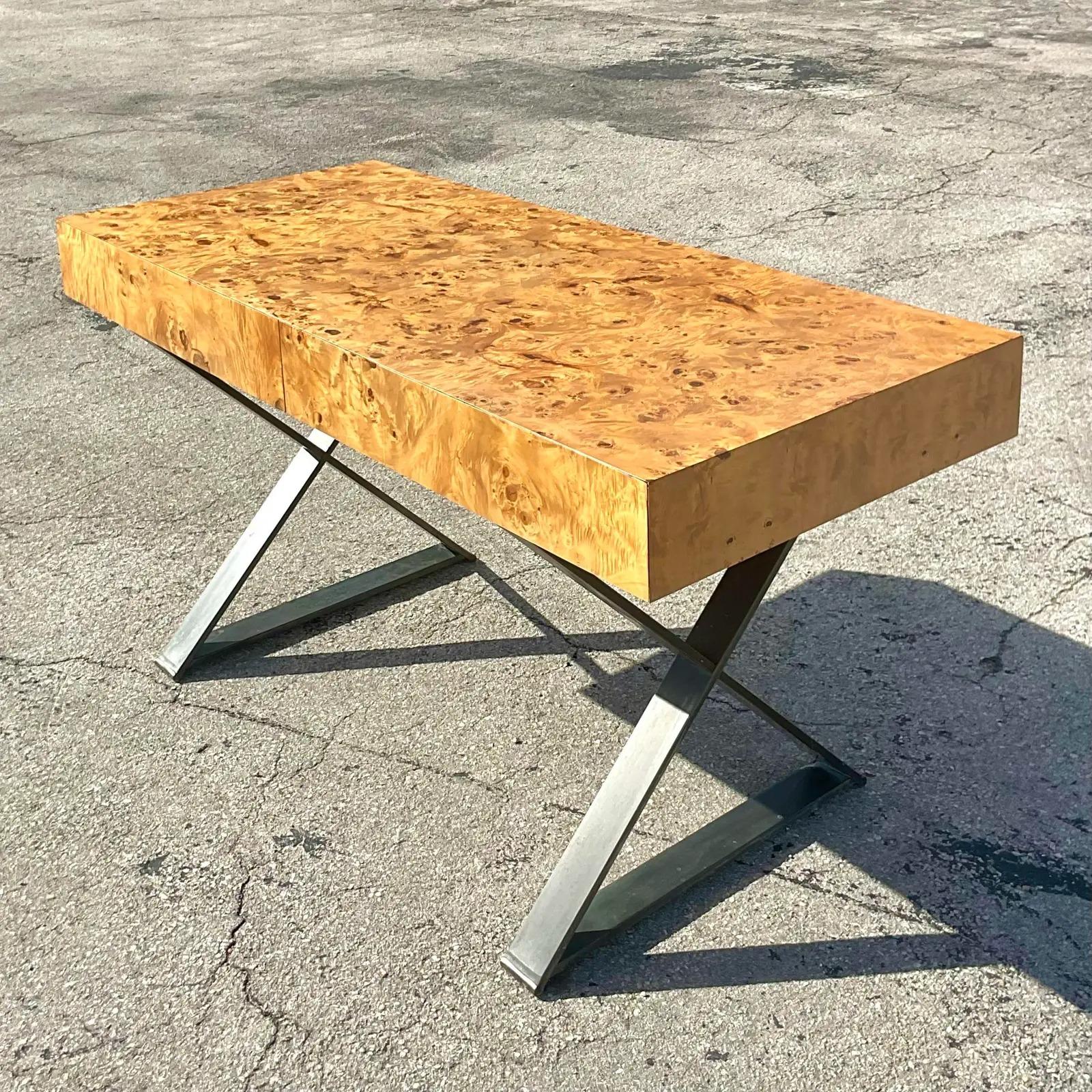 North American Vintage Contemporary Burl Wood Writing Desk After Milo Baughman For Sale