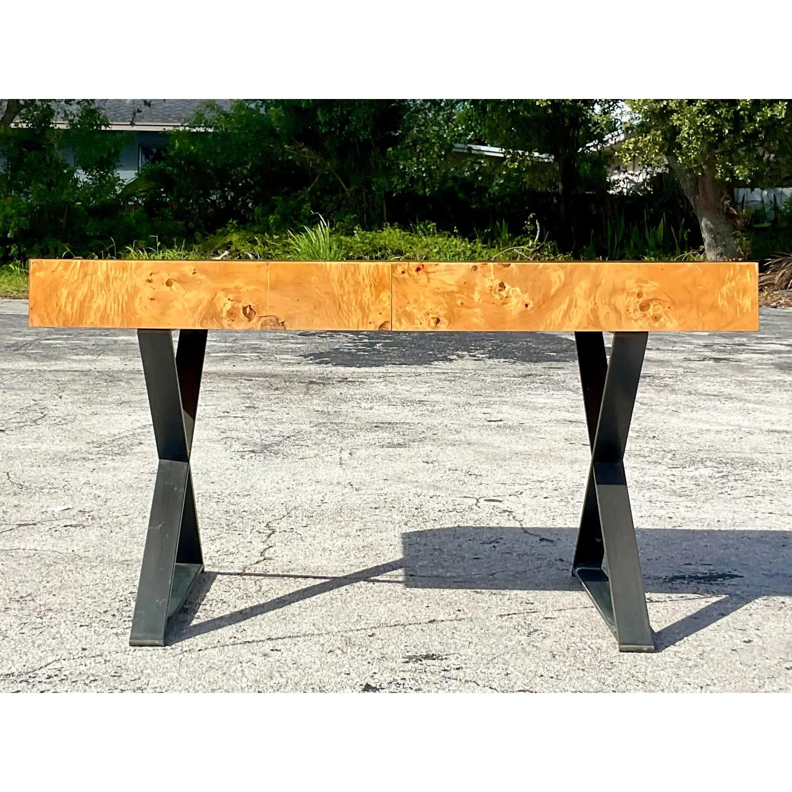 Vintage Contemporary Burl Wood Writing Desk After Milo Baughman In Good Condition For Sale In west palm beach, FL