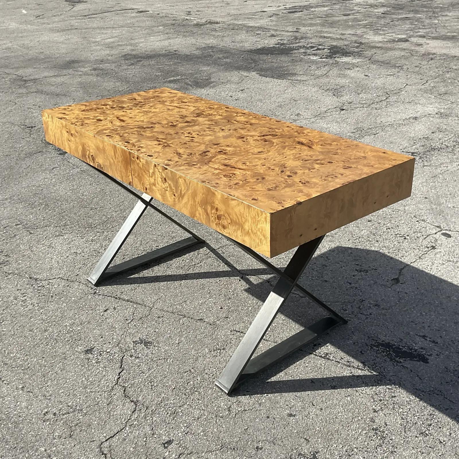 Late 20th Century Vintage Contemporary Burl Wood Writing Desk After Milo Baughman For Sale