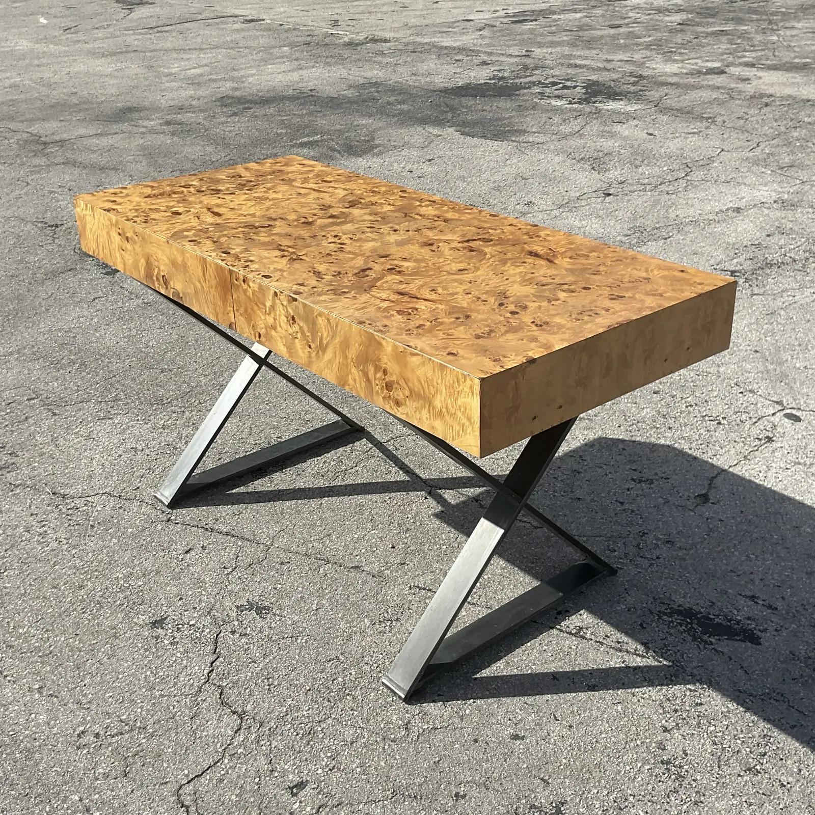 Late 20th Century Vintage Contemporary Burl Wood Writing Desk After Milo Baughman