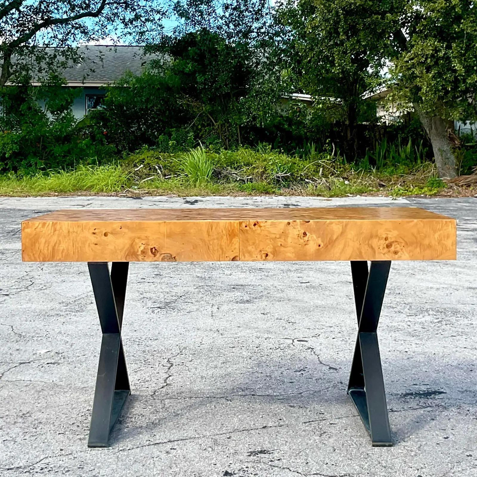 Chrome Vintage Contemporary Burl Wood Writing Desk After Milo Baughman