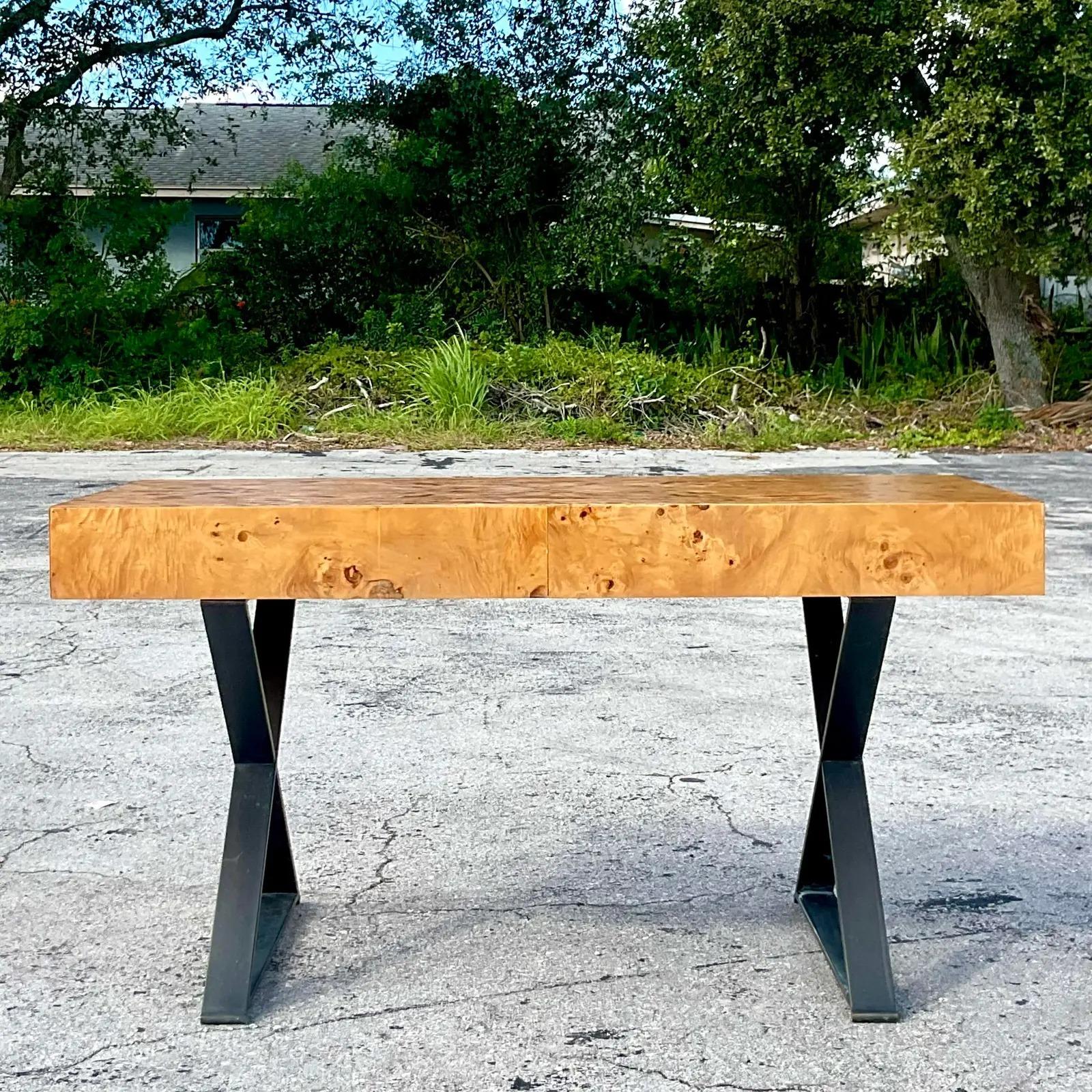 Chrome Vintage Contemporary Burl Wood Writing Desk After Milo Baughman For Sale