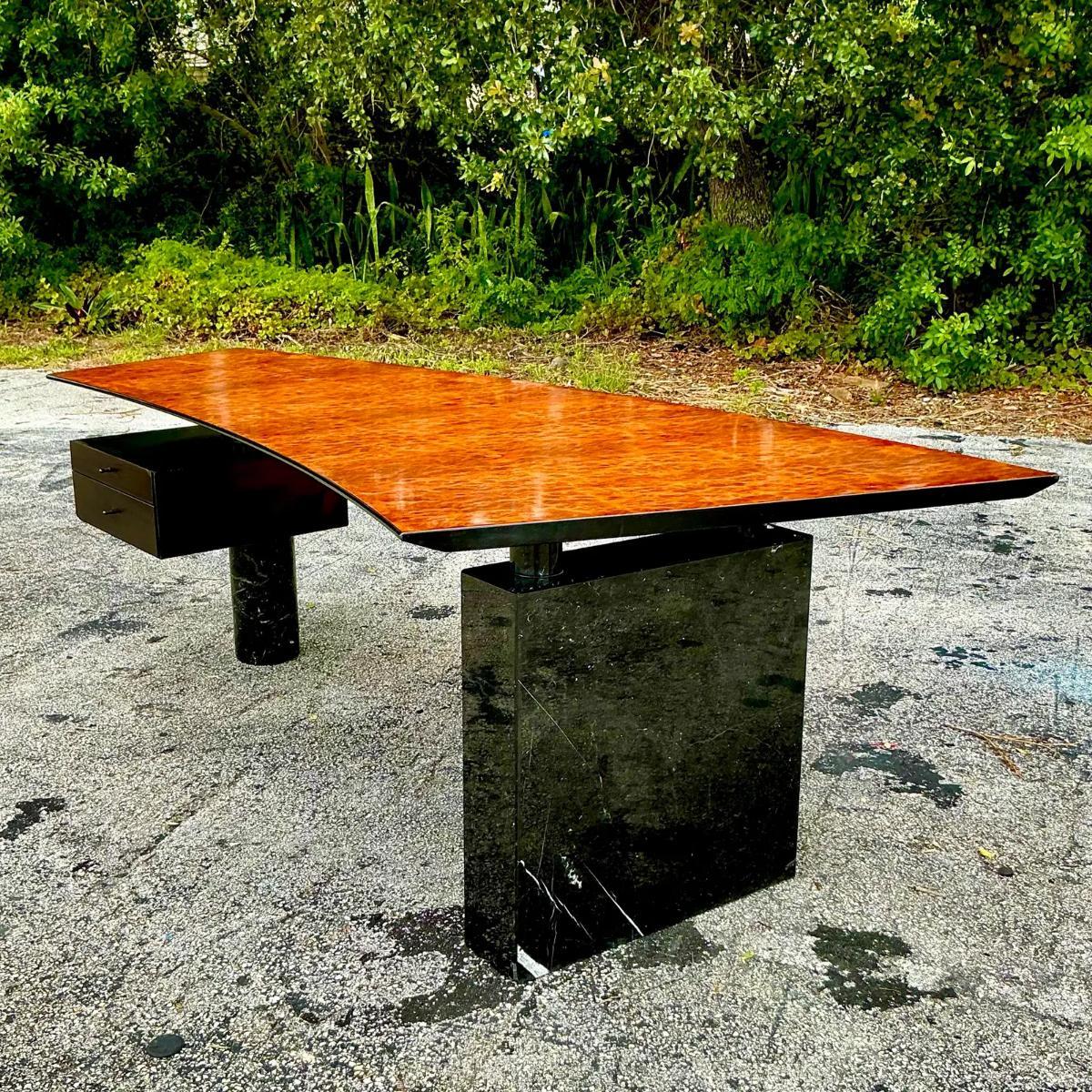 Vintage Contemporary Cattelan Italia Burl Wood and Black Marble Desk 4