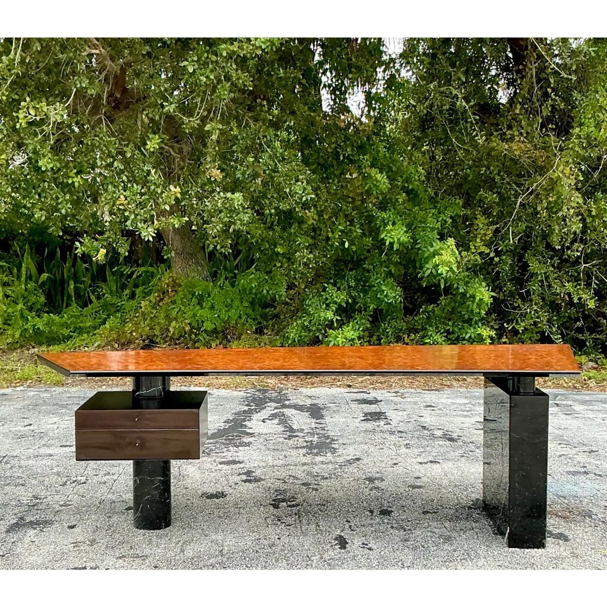 Vintage Contemporary Cattelan Italia Burl Wood and Black Marble Desk 5