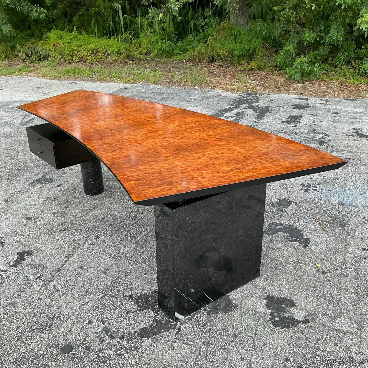 Stone Vintage Contemporary Cattelan Italia Burl Wood and Black Marble Desk