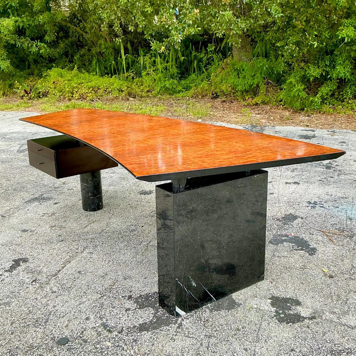 Vintage Contemporary Cattelan Italia Burl Wood and Black Marble Desk 2