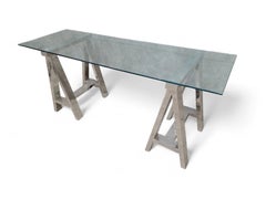 Vintage Contemporary Chrome Sawhorse Adjustable Table/Desk With Glass Top