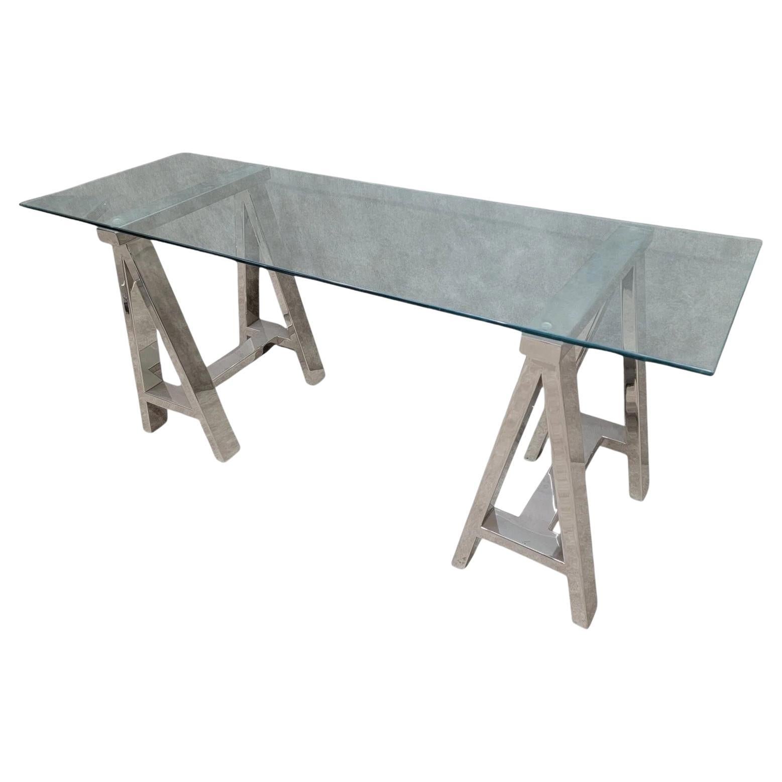 Vintage Contemporary Chrome Sawhorse Adjustable Table/Desk With Glass Top